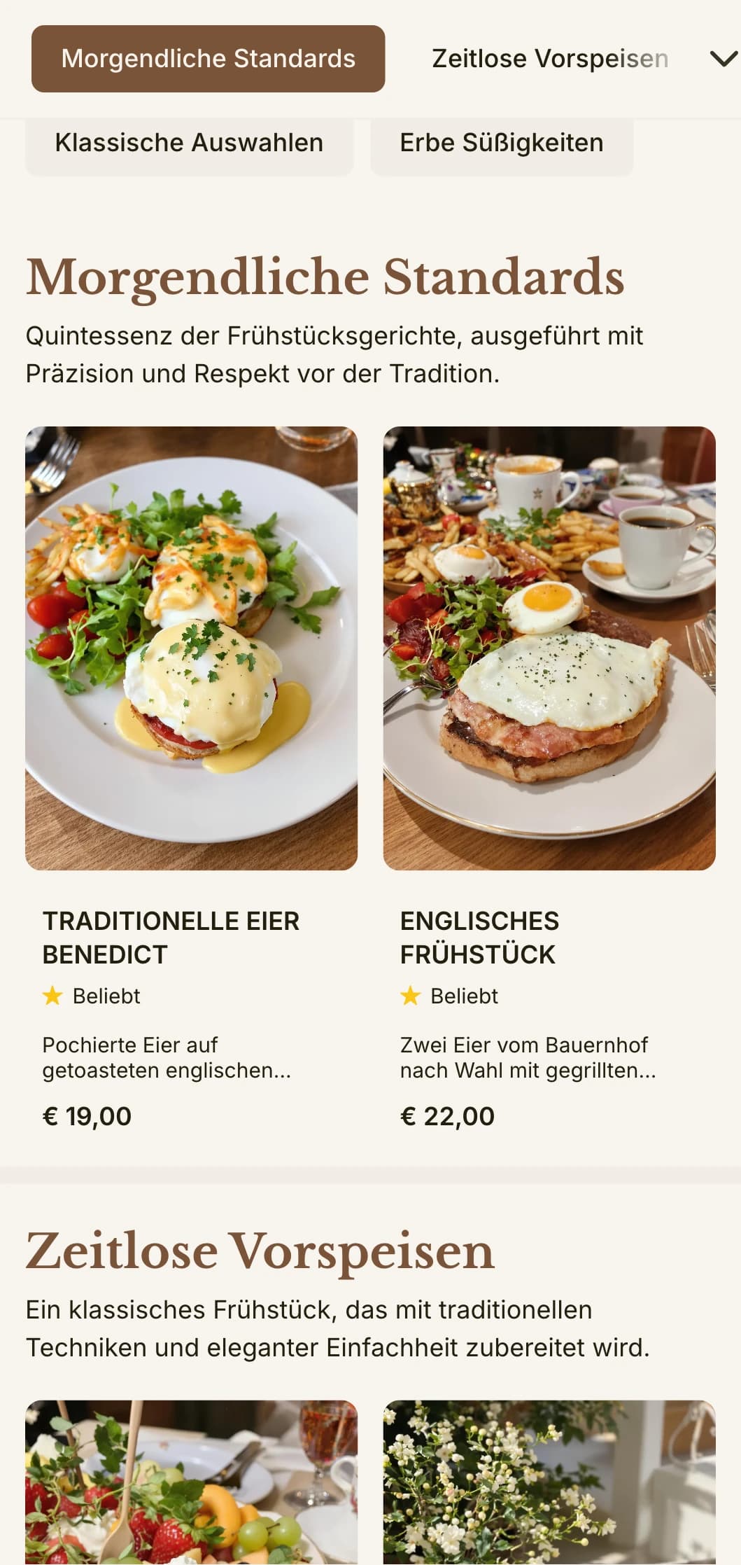 Zeitlose Frühstücksfavoriten, die mit Präzision und Sorgfalt zubereitet und auf elegante, traditionelle Weise präsentiert werden.