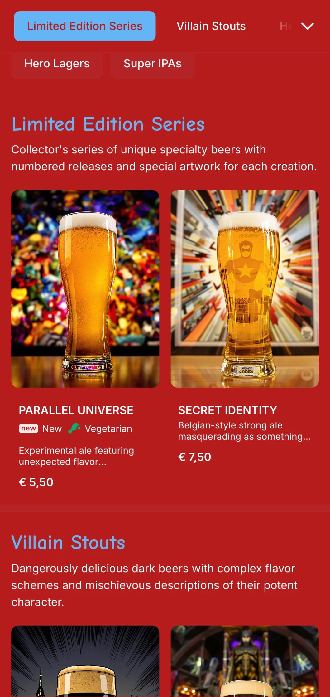 Vibrant and playful design inspired by comic books, featuring bold colors and graphic elements for themed beer establishments.