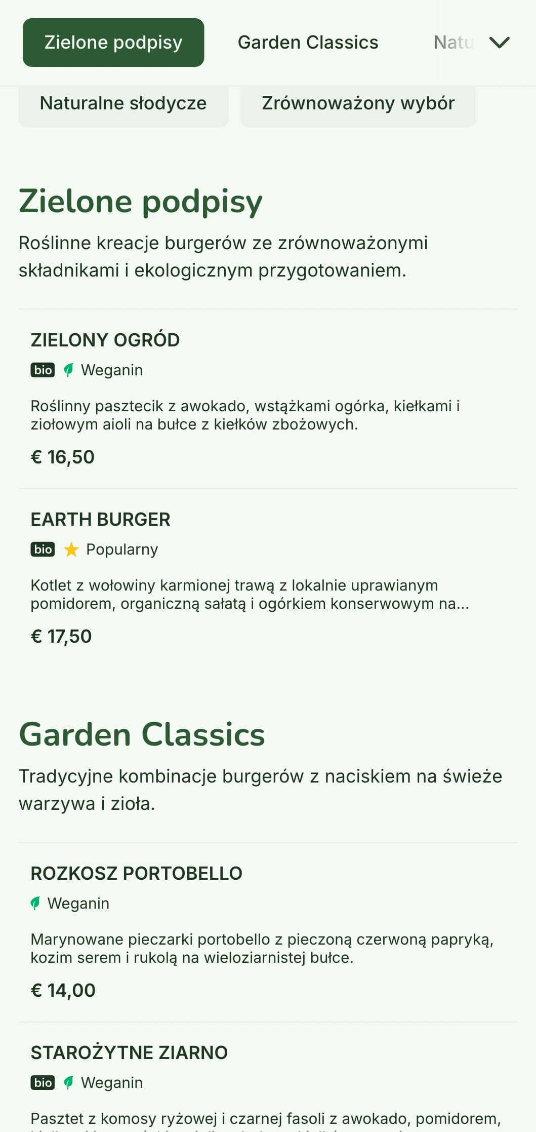 Ekologiczne menu burgerów z naciskiem na zrównoważony rozwój, z naturalnymi materiałami i opcjami roślinnymi.