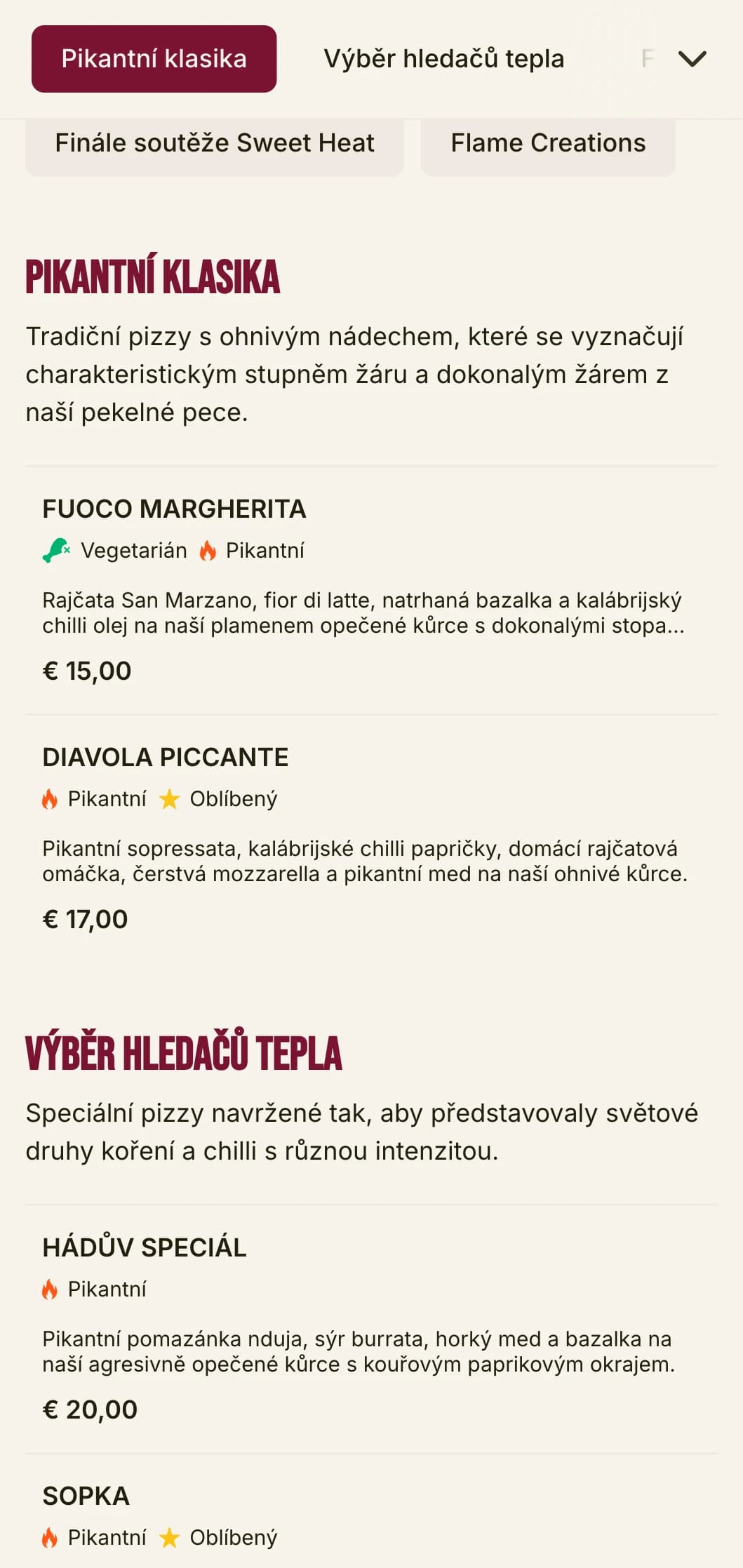 Energické menu pizzy s výraznou typografií a živými barvami pro specialisty na pikantní pizzu.