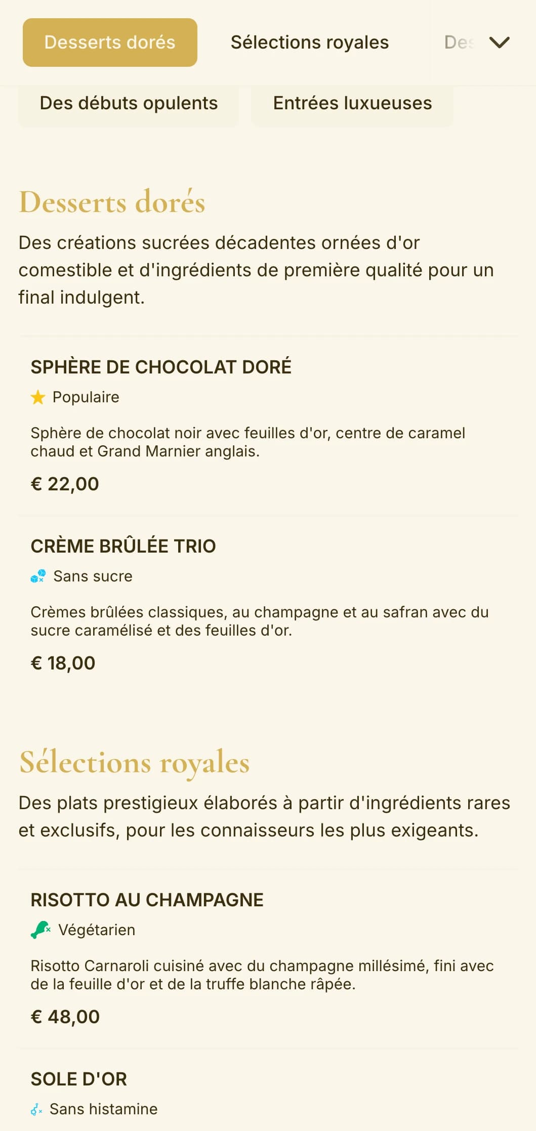 Un design opulent sur le thème de l'or qui respire le luxe et l'exclusivité, parfait pour les établissements haut de gamme et les repas d'occasions spéciales.