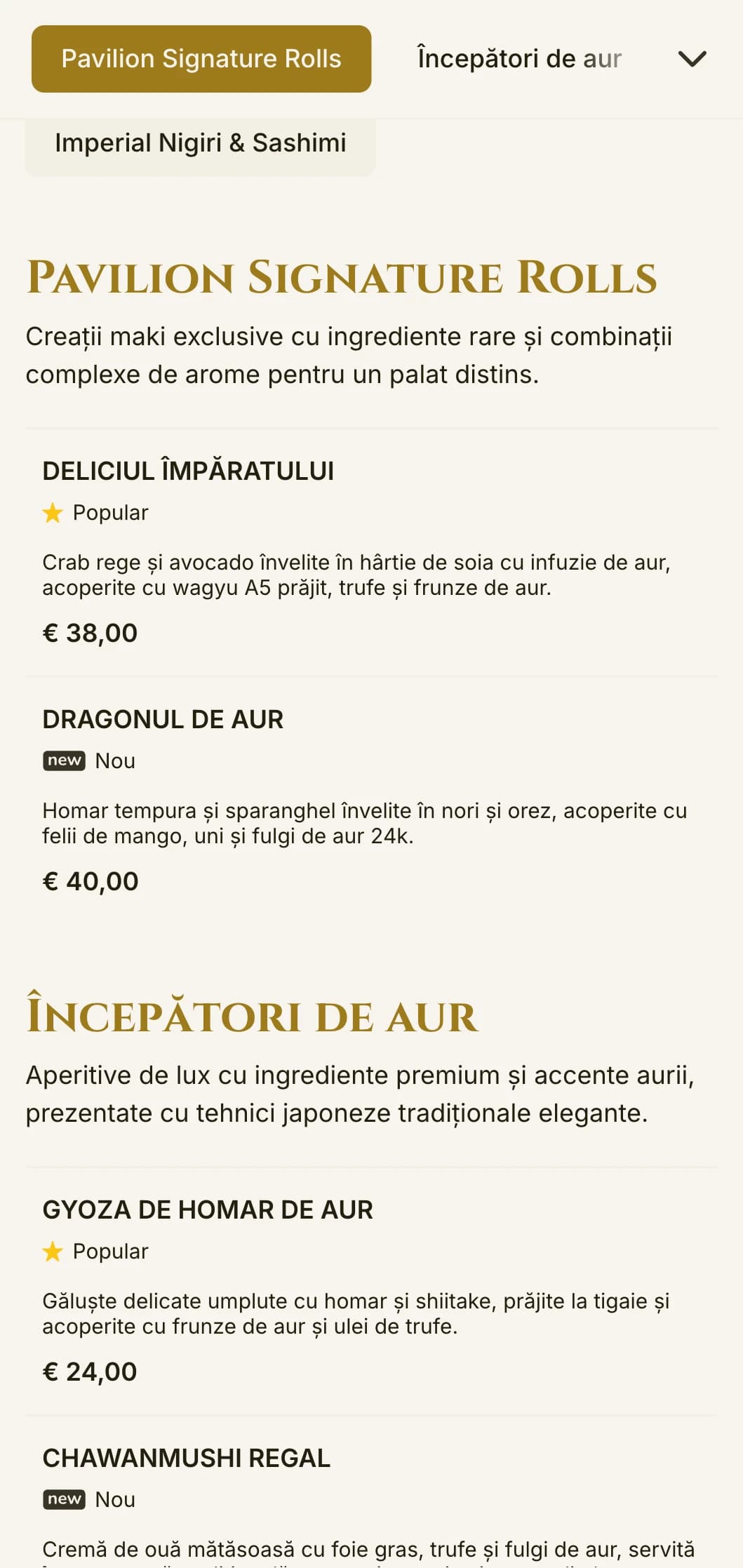 Meniu sushi luxos cu accente aurii, inspirat de faimosul templu din Kyoto, cu tipografie elegantă și elemente tradiționale.