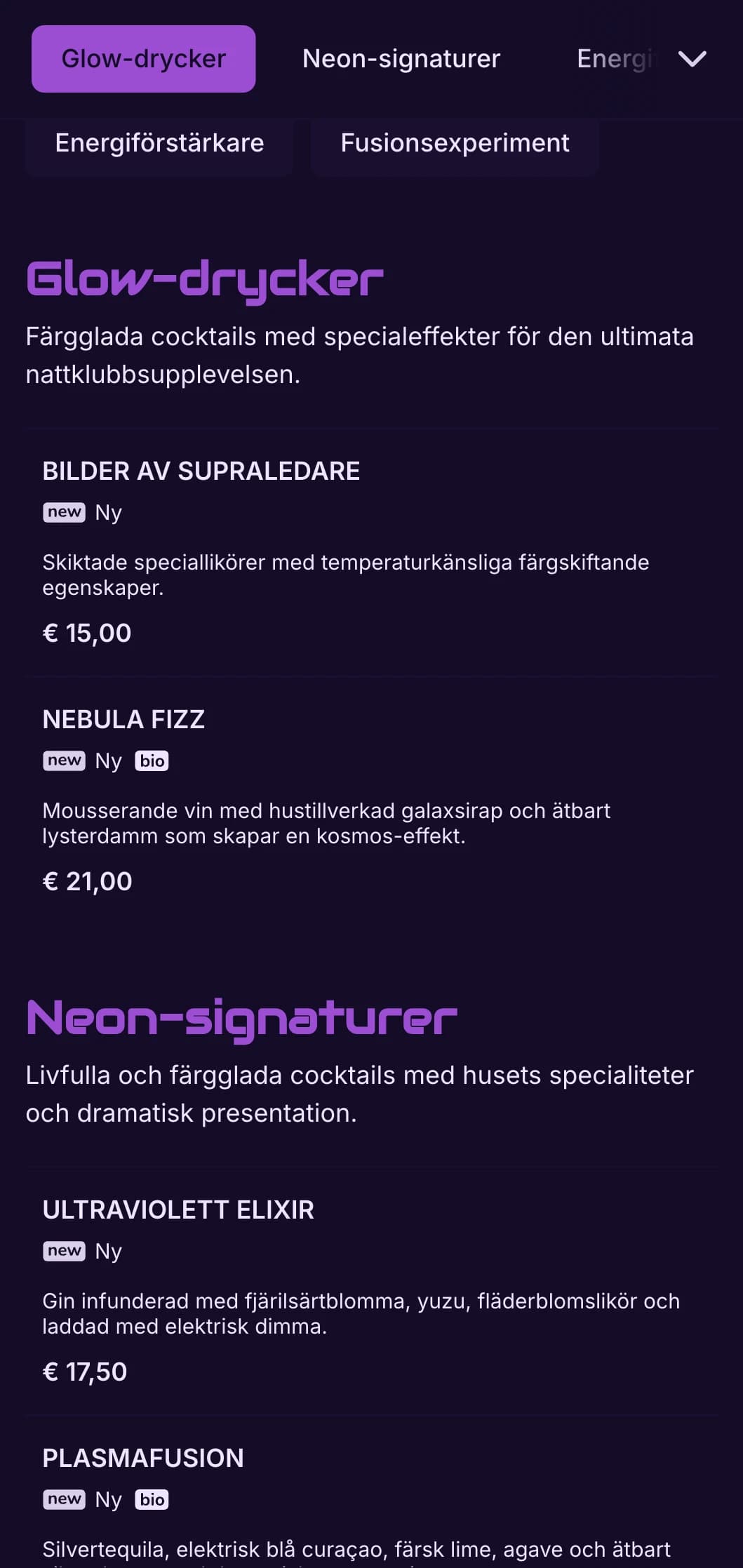 Lila och svart design med hög kontrast och neonelement för moderna cocktailbarer.