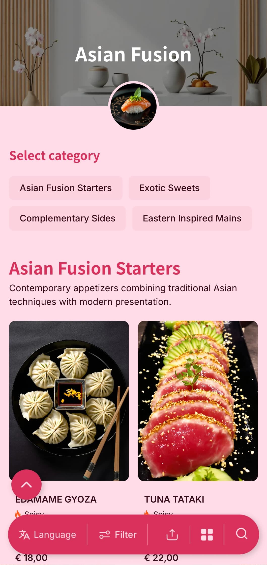 Contemporary Asian-inspired catering combining traditional techniques with modern presentation for trendy events and international gatherings.