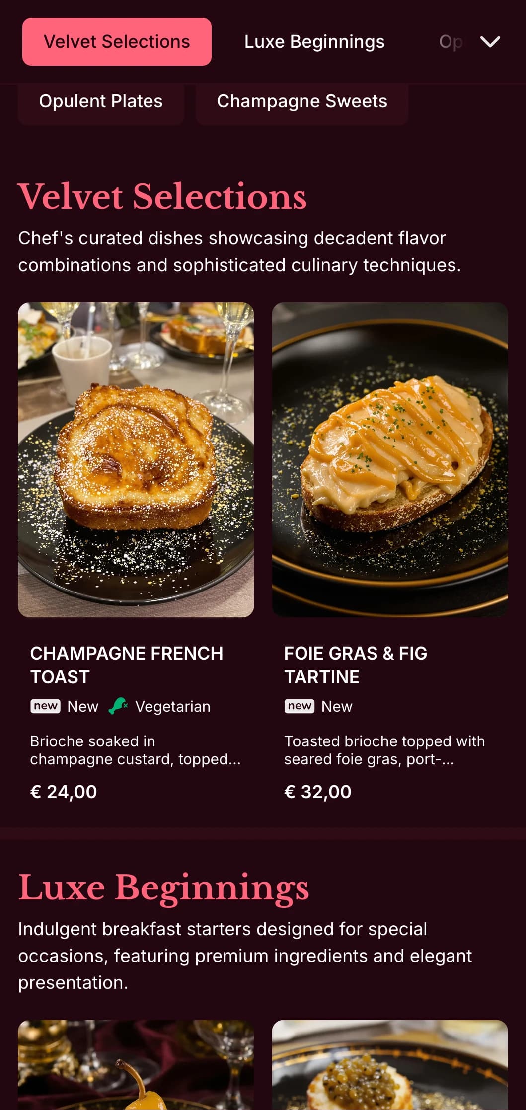 Rich, luxurious brunch template with deep colors, designed for upscale weekend brunches with cocktail pairings.