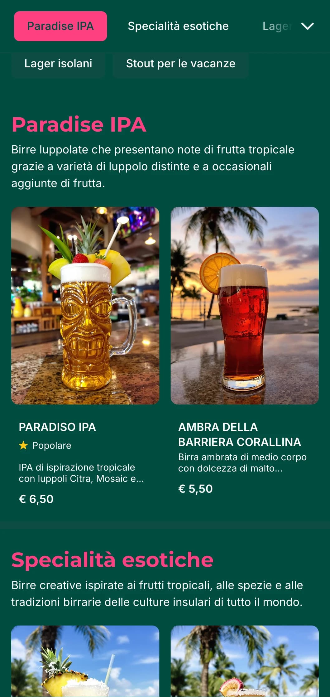 Design vivace e colorato ispirato ai paesaggi tropicali, ideale per bar sulla spiaggia e birrerie isolane.