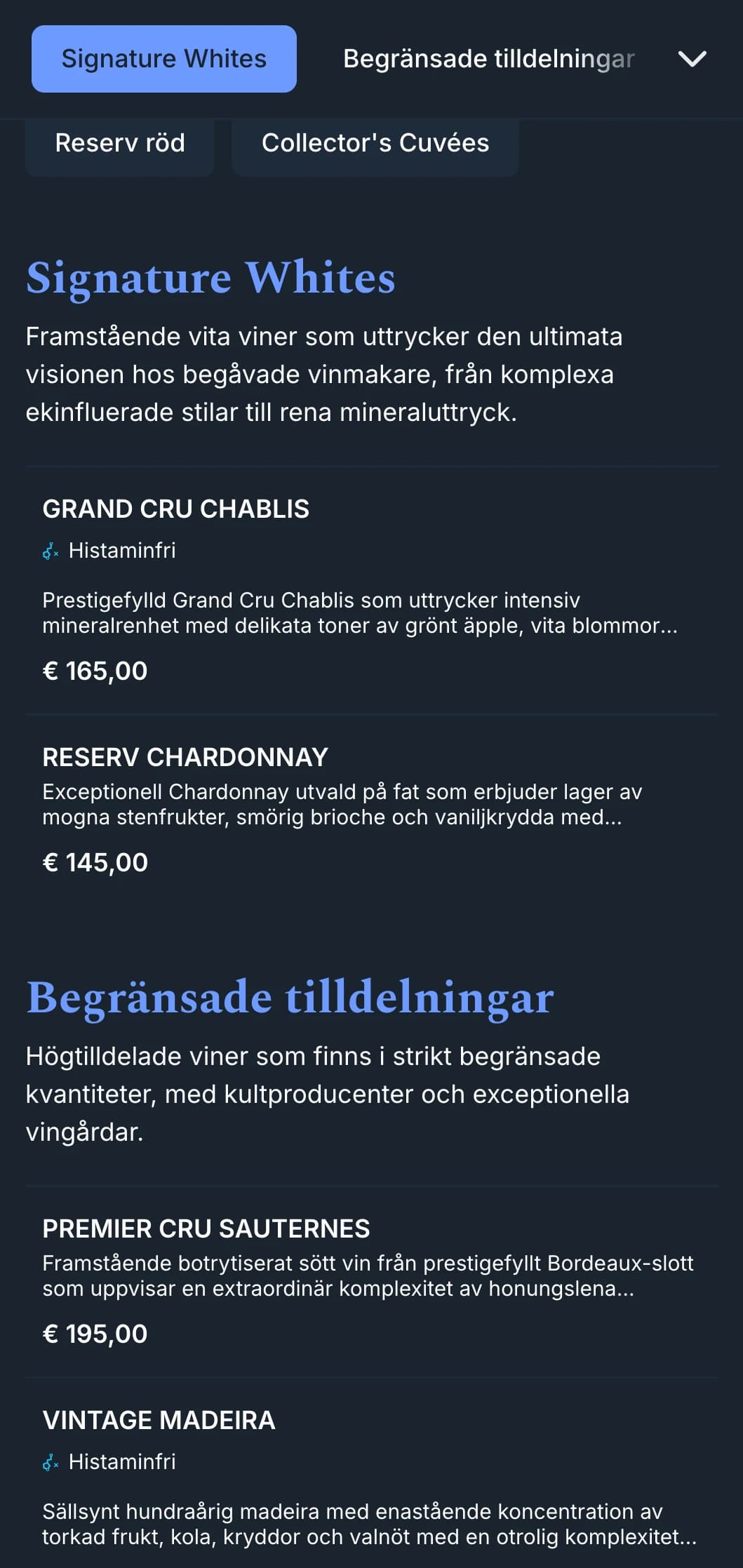 Djupt sofistikerad mall för vinlista med slående blå accenter mot marinblå bakgrunder, perfekt för premiumvinbarer och kvällsställen.