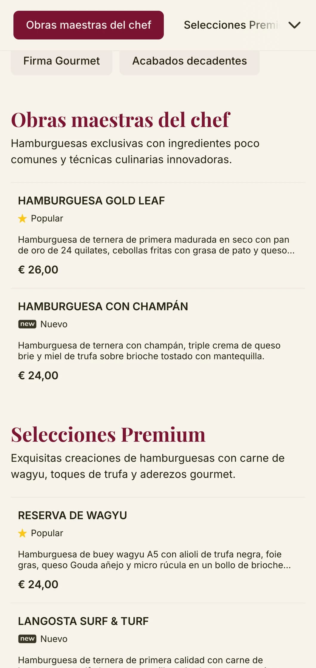 Hamburguesas de alto nivel con tipografía de primera calidad y una rica paleta de colores para disfrutar de una experiencia hamburguesera de lujo.
