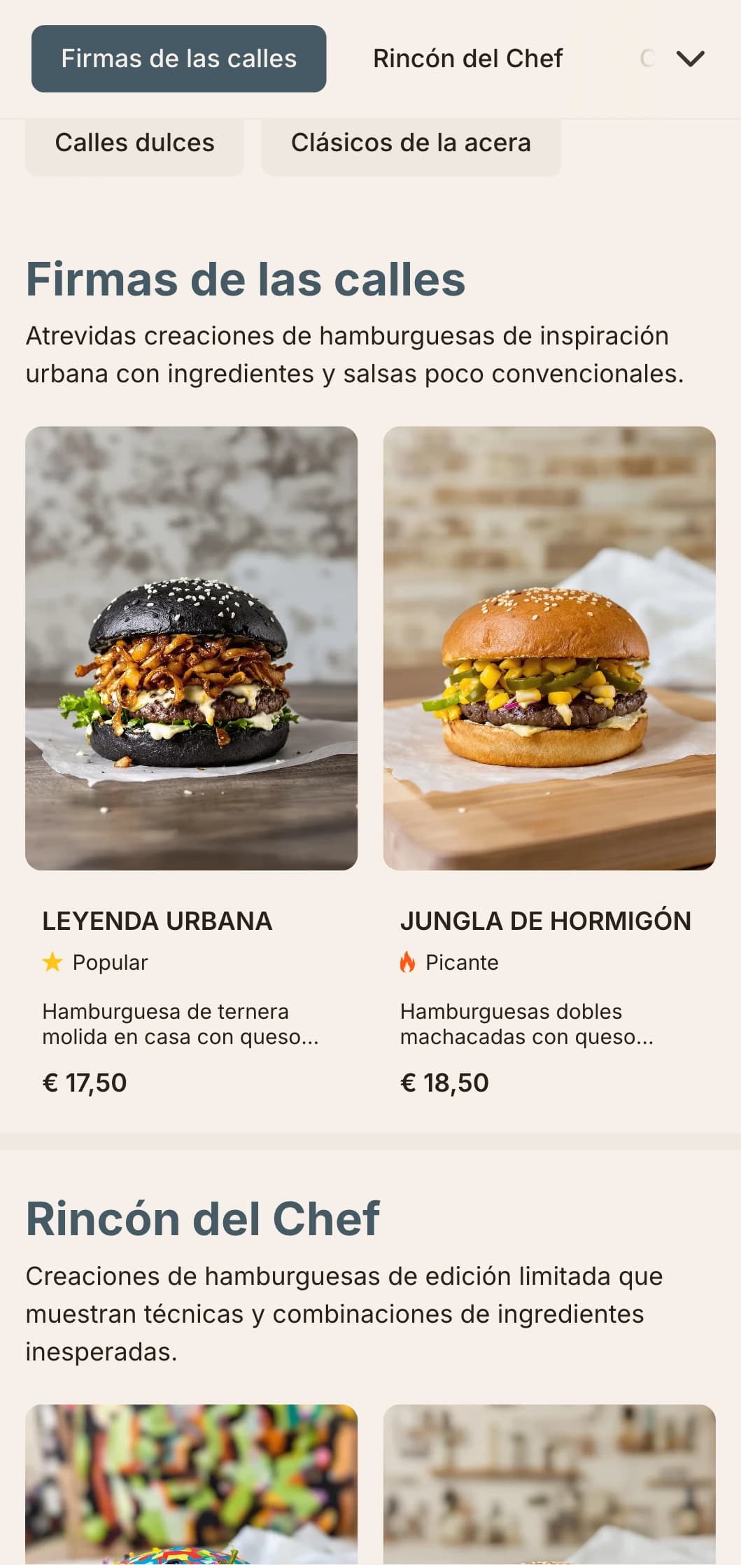 Diseño inspirado en la comida callejera urbana, con fuertes contrastes y elementos de arte callejero para una experiencia de hamburguesa informal contemporánea.