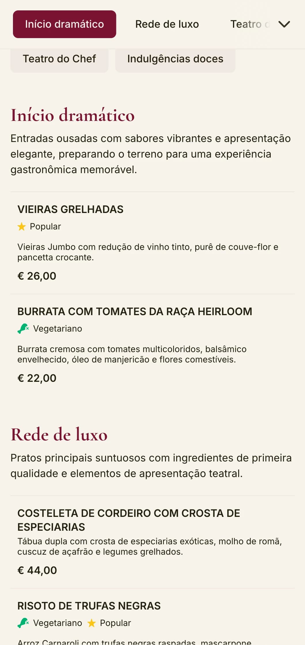 Um cardápio de jantar ousado e dramático com tons de vermelho profundo e elementos luxuosos, projetado para locais de jantar de luxo com um toque teatral.