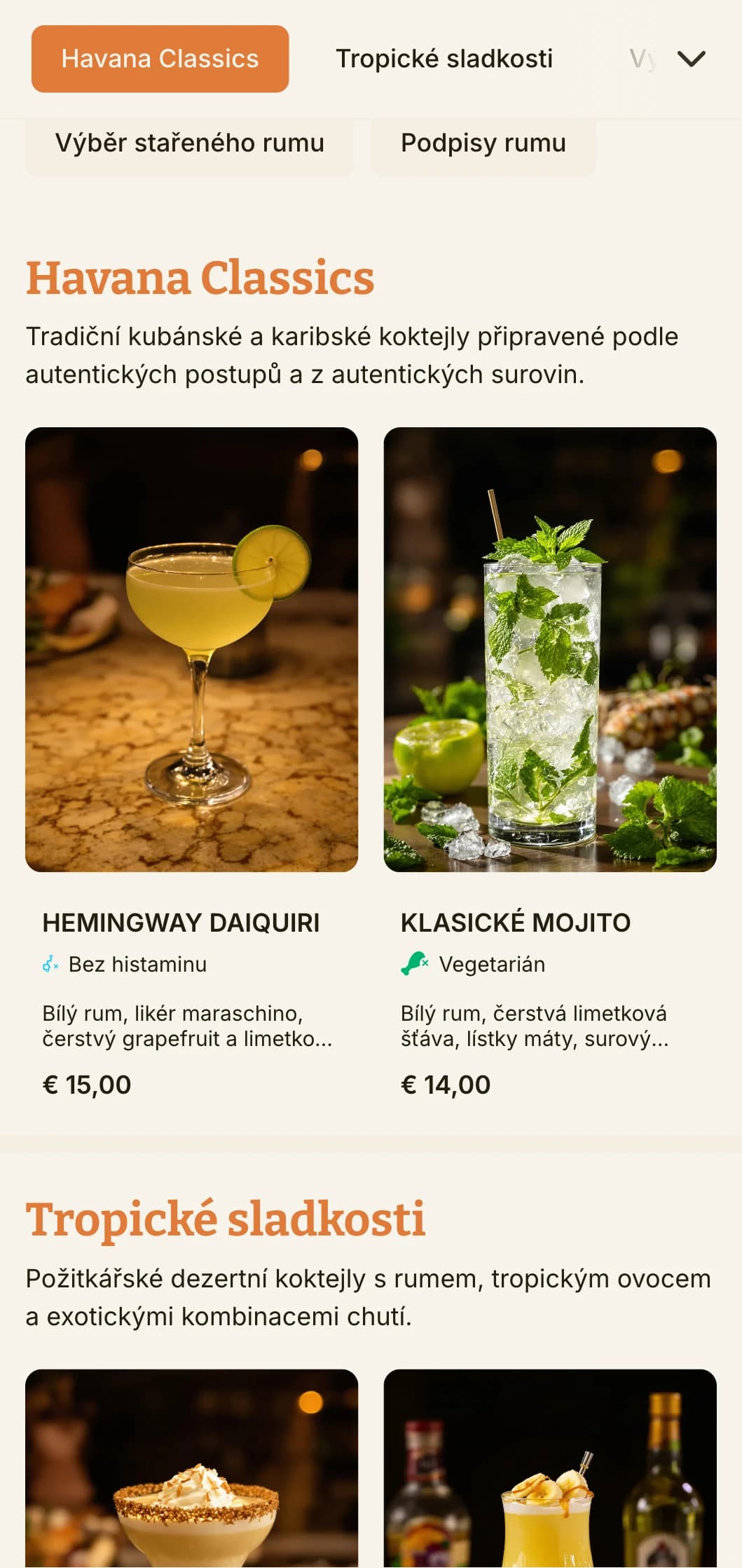 Živý, tropický design menu inspirovaný kubánskou koktejlovou kulturou, ideální pro rumové bary a podniky s latinskoamerickou tematikou.