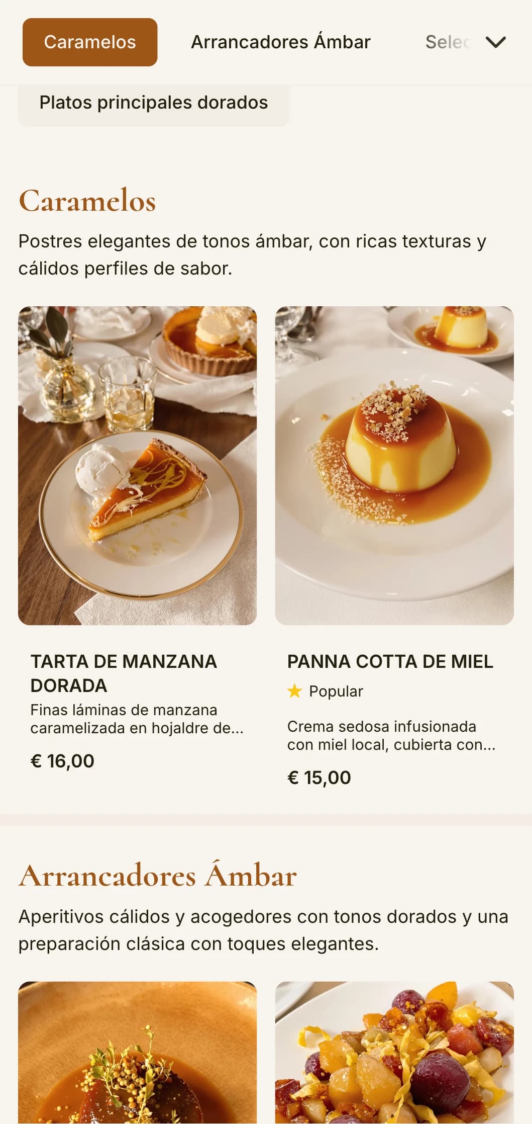 Un menú de cena cálido y en tonos ámbar con elementos de diseño clásico, perfecto para establecimientos con ambiente de hora dorada.