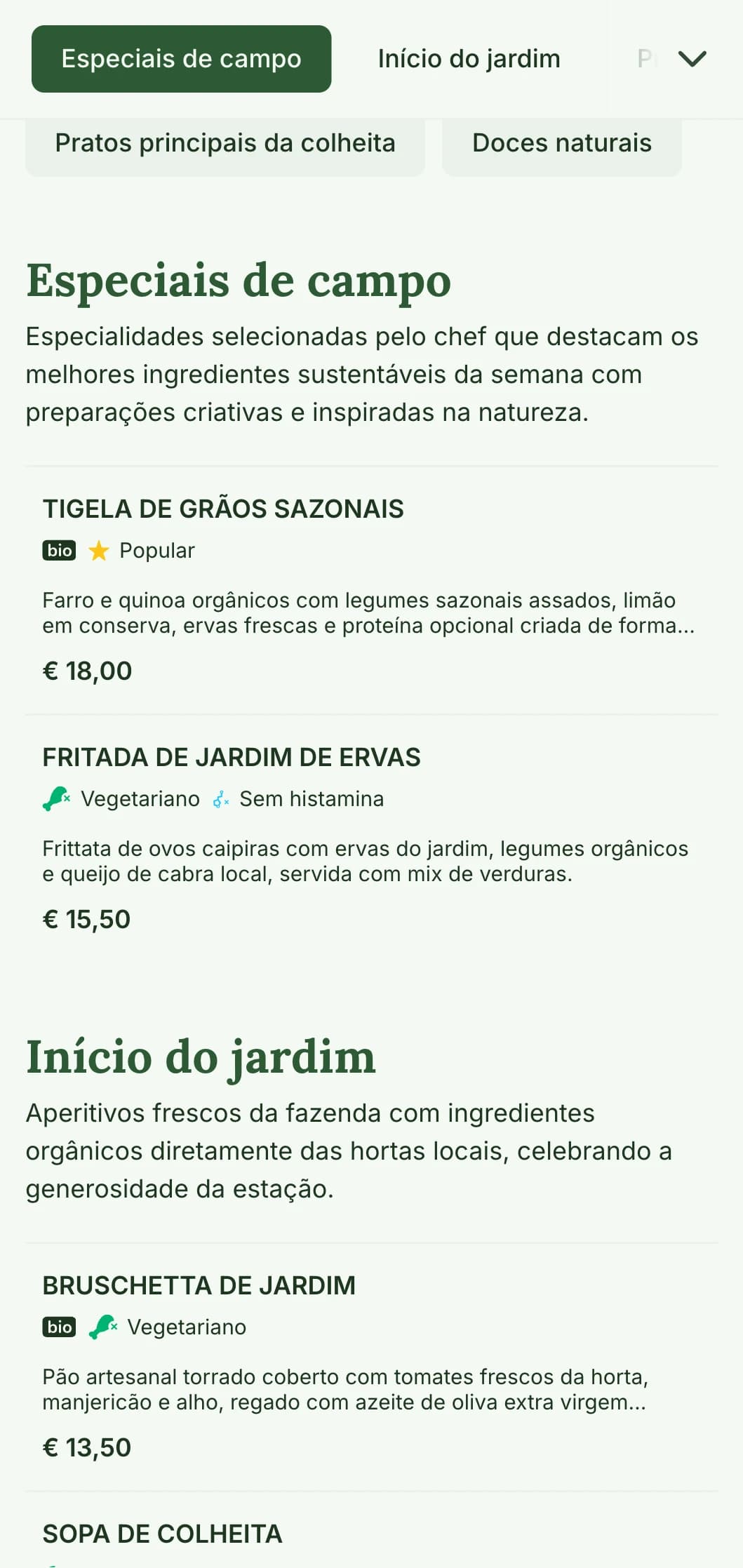 Design de cardápio de almoço fresco e inspirado na natureza, destacando ingredientes sazonais e ofertas da fazenda para a mesa, ideal para cafés e restaurantes com foco em refeições saudáveis e orgânicas ao meio-dia.