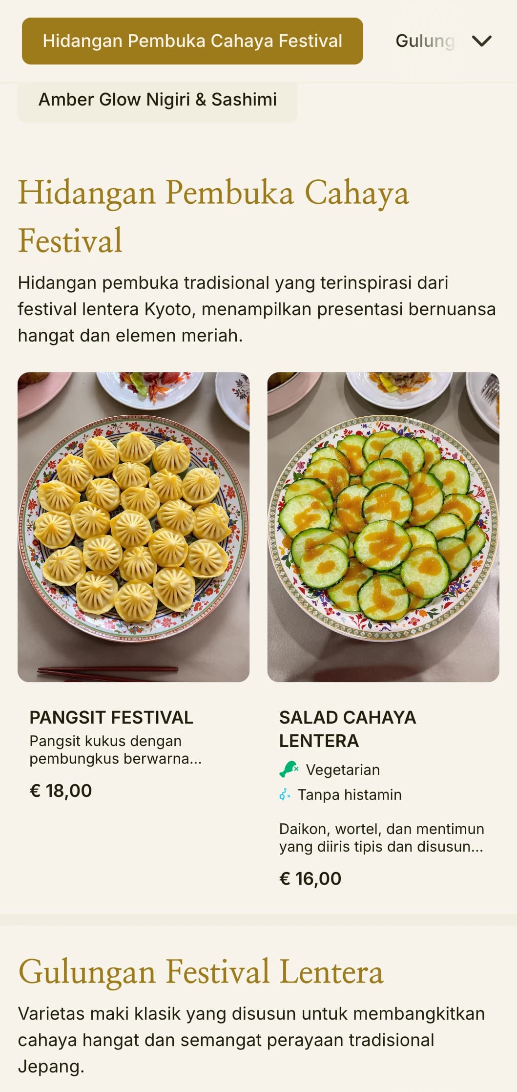 Menu sushi yang terinspirasi dari lentera tradisional dengan warna kuning yang hangat untuk suasana otentik Jepang.