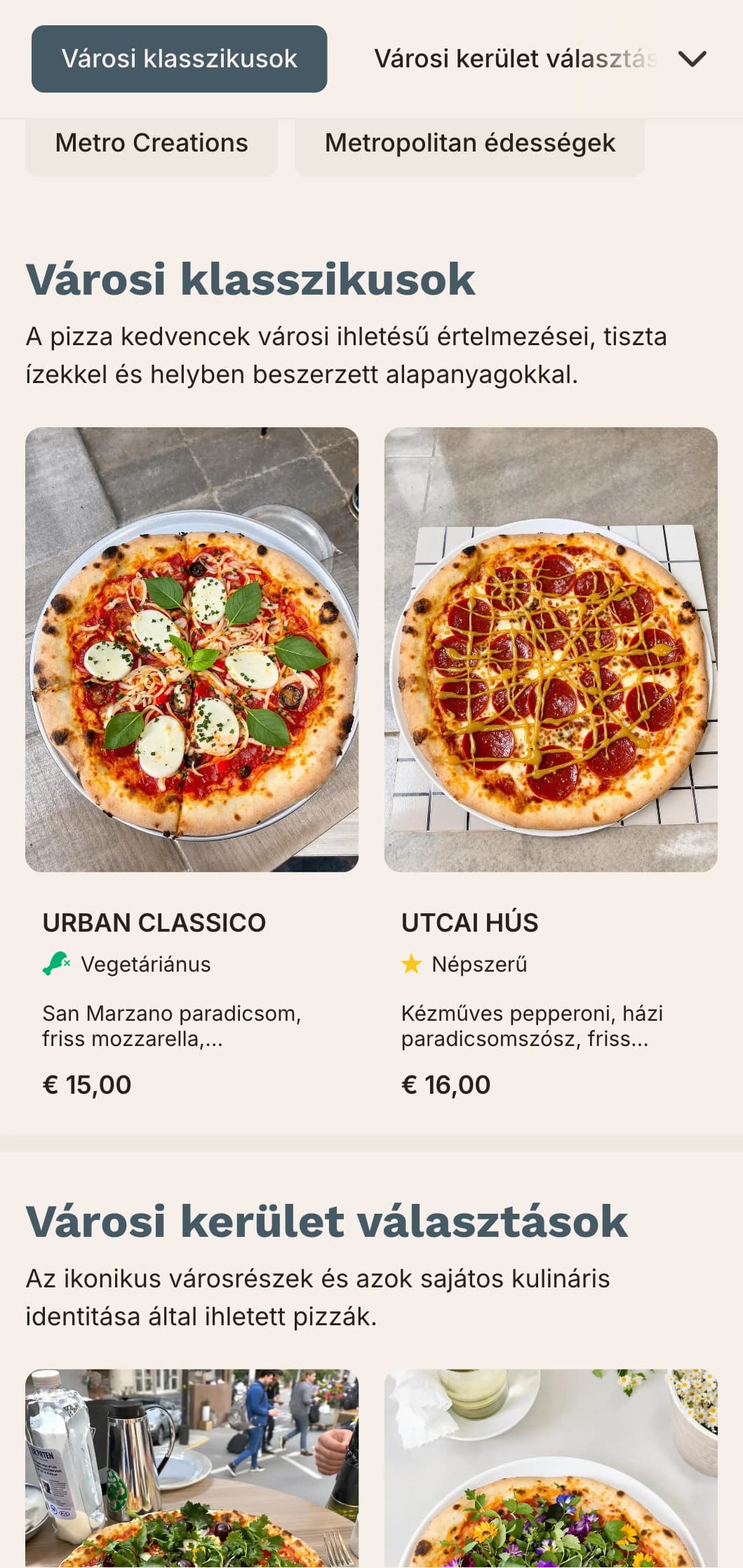 Nagyvárosi pizzamenü letisztult vonalakkal és kortárs dizájnnal városi helyszínekre.