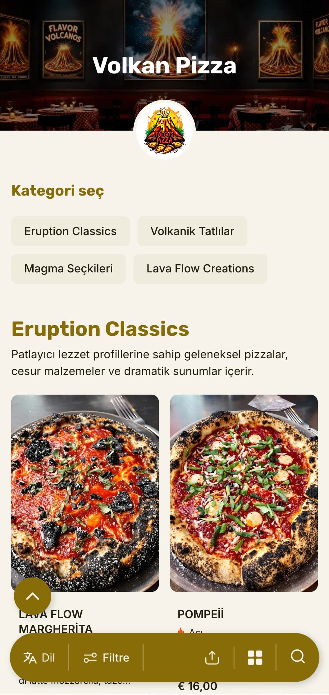 Maceraperest pizzacılar için dramatik görsel hiyerarşiye sahip cesur, göz alıcı pizza menüsü.