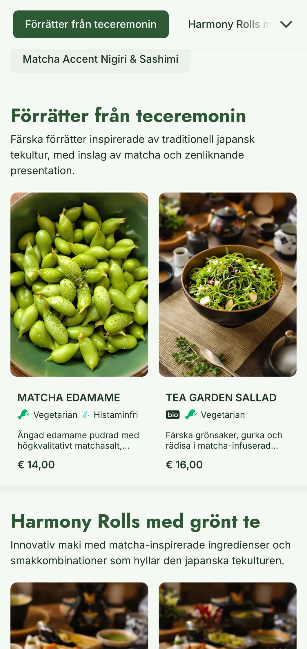 Modern sushimeny med livfulla matchagröna toner för hälsomedvetna, teinspirerade etablissemang.