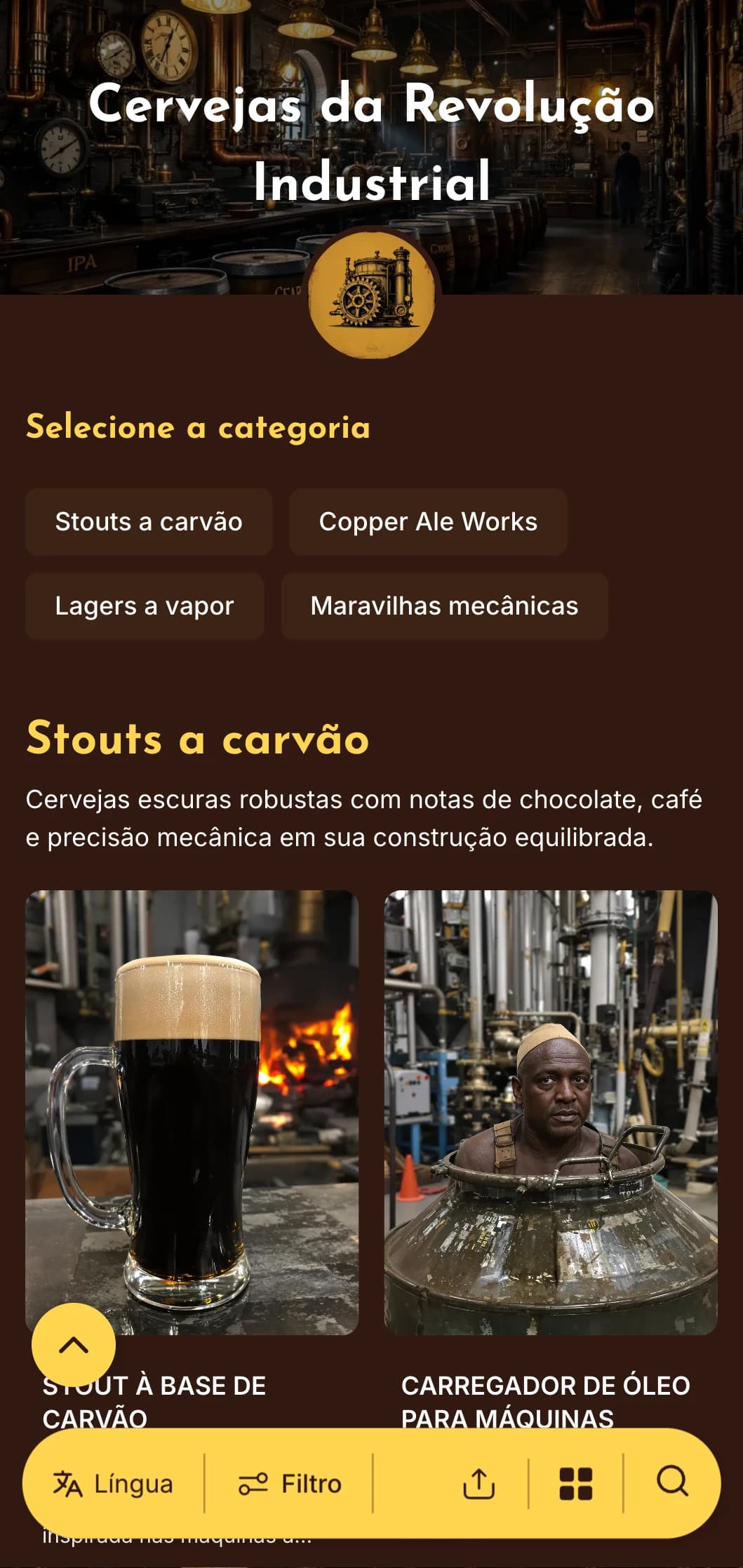 Estética industrial movida a vapor com detalhes em latão e elementos mecânicos, perfeita para cervejarias com temática steampunk.