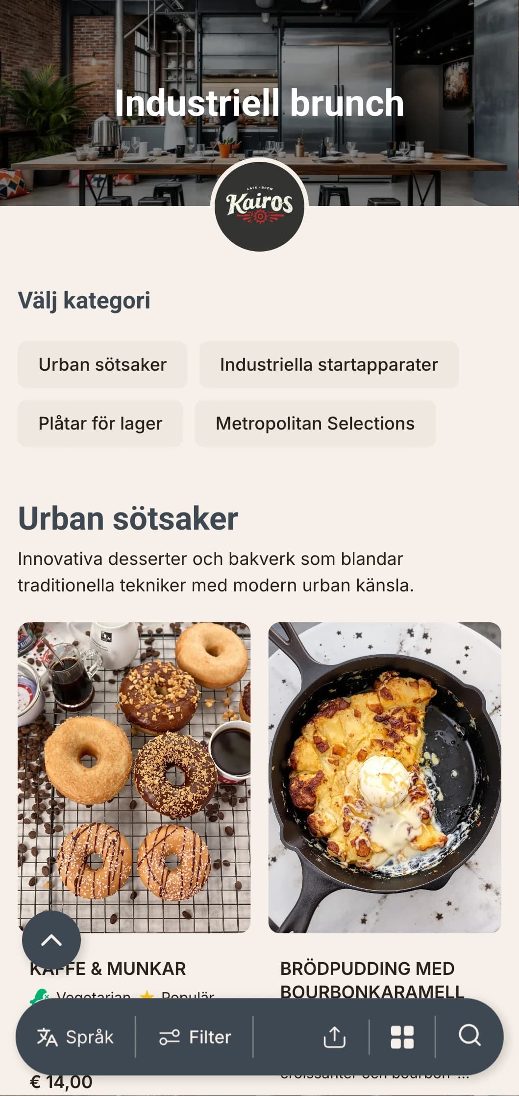 Rå, urban brunchmall med industriella designelement, lämplig för lagerkaféer och ombyggda utrymmen.