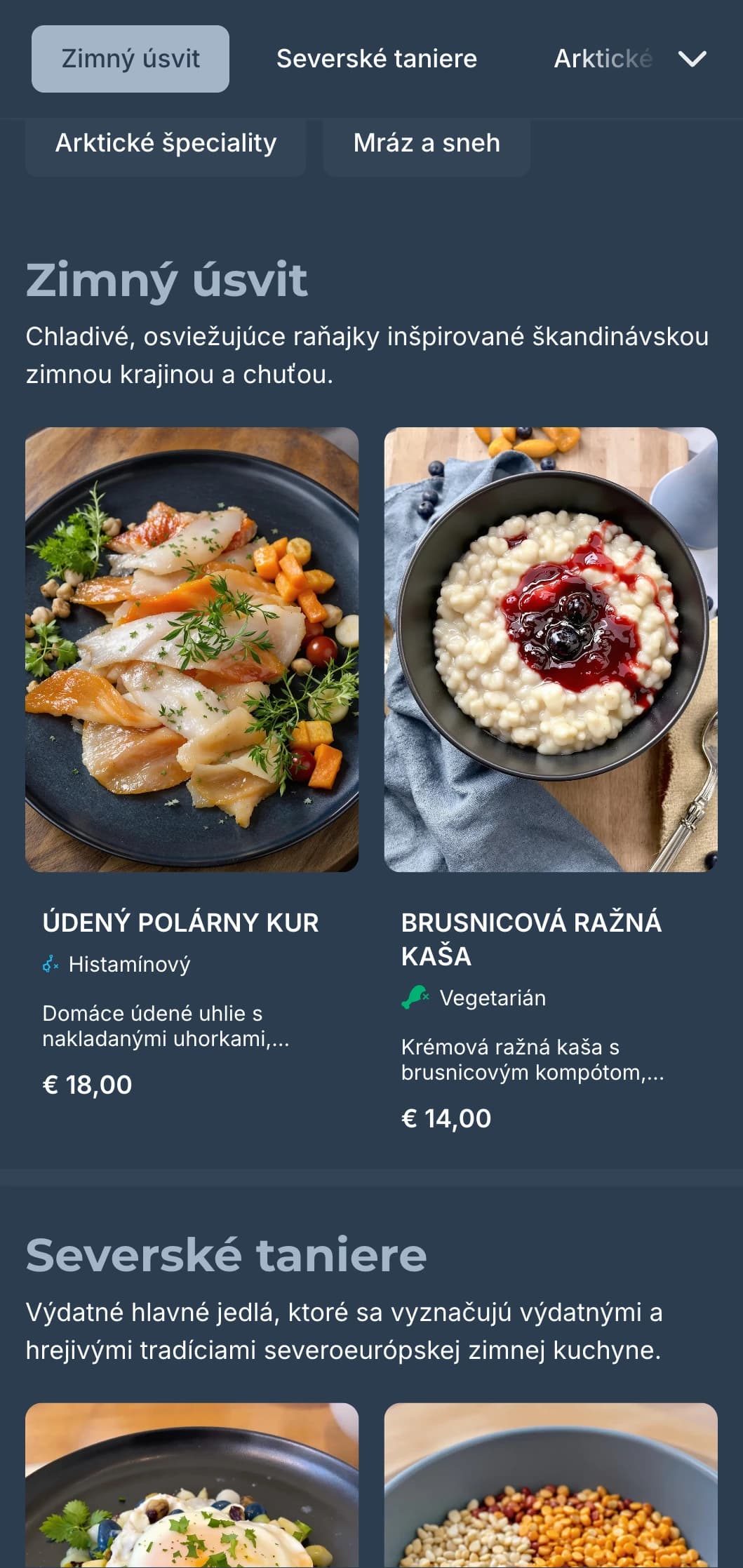 Tmavomodrá šablóna s chladnými akcentmi, inšpirovaná škandinávskou zimnou estetikou pre súčasné kaviarne.