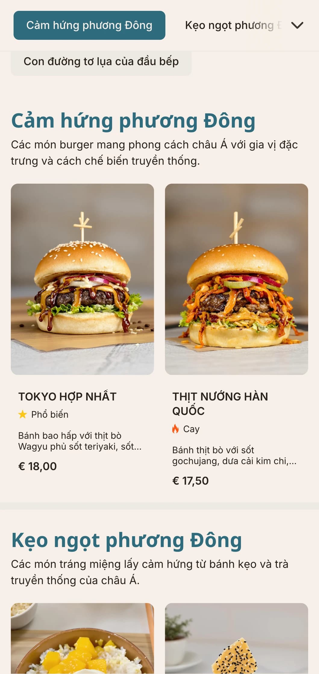 Sự kết hợp giữa bánh mì kẹp thịt Đông Tây với hương vị lấy cảm hứng từ châu Á và cách trình bày hiện đại.