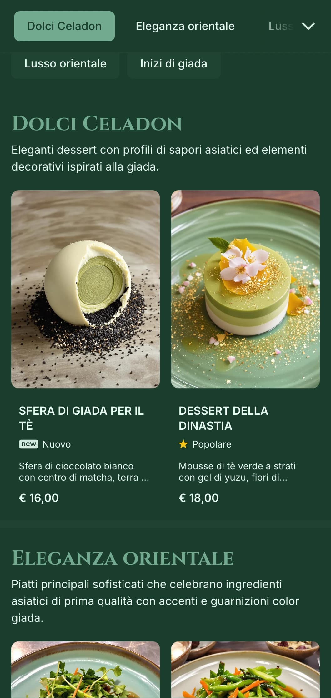Sofisticato concept di ispirazione asiatica caratterizzato da toni verde giada e raffinati elementi orientali.