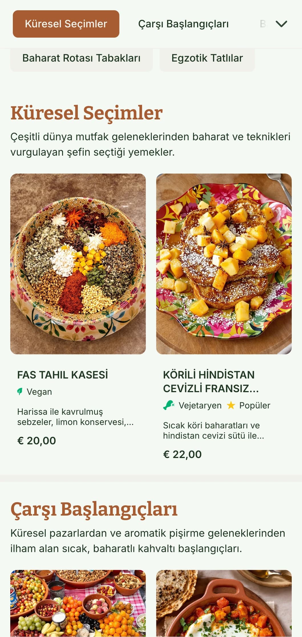 Zengin renklere sahip sıcak, baharattan ilham alan brunch şablonu, küresel kahvaltı lezzetleri ve baharatlı yemekler sunan kafeler için mükemmeldir.