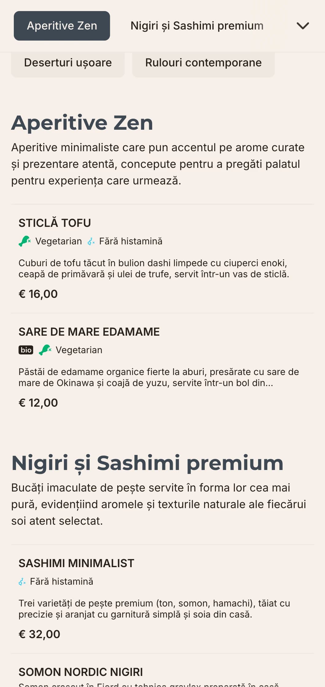 Design de meniu sushi curat, contemporan, cu o estetică minimalistă, perfect pentru restaurantele japoneze de lux care se concentrează pe simplitate și calitate.