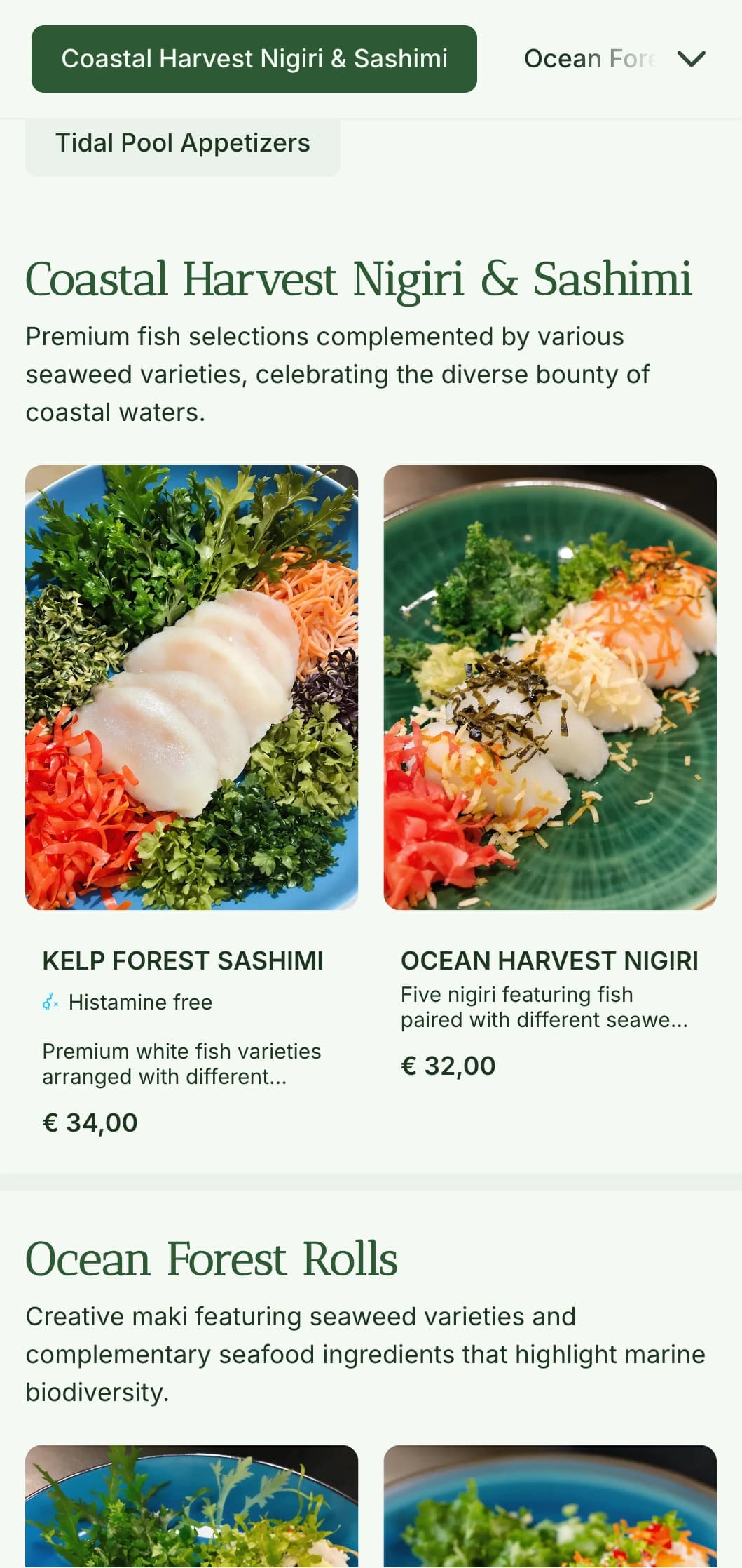 Fresh ocean-inspired sushi menu featuring deep seaweed green tones for authentic seafood restaurants.