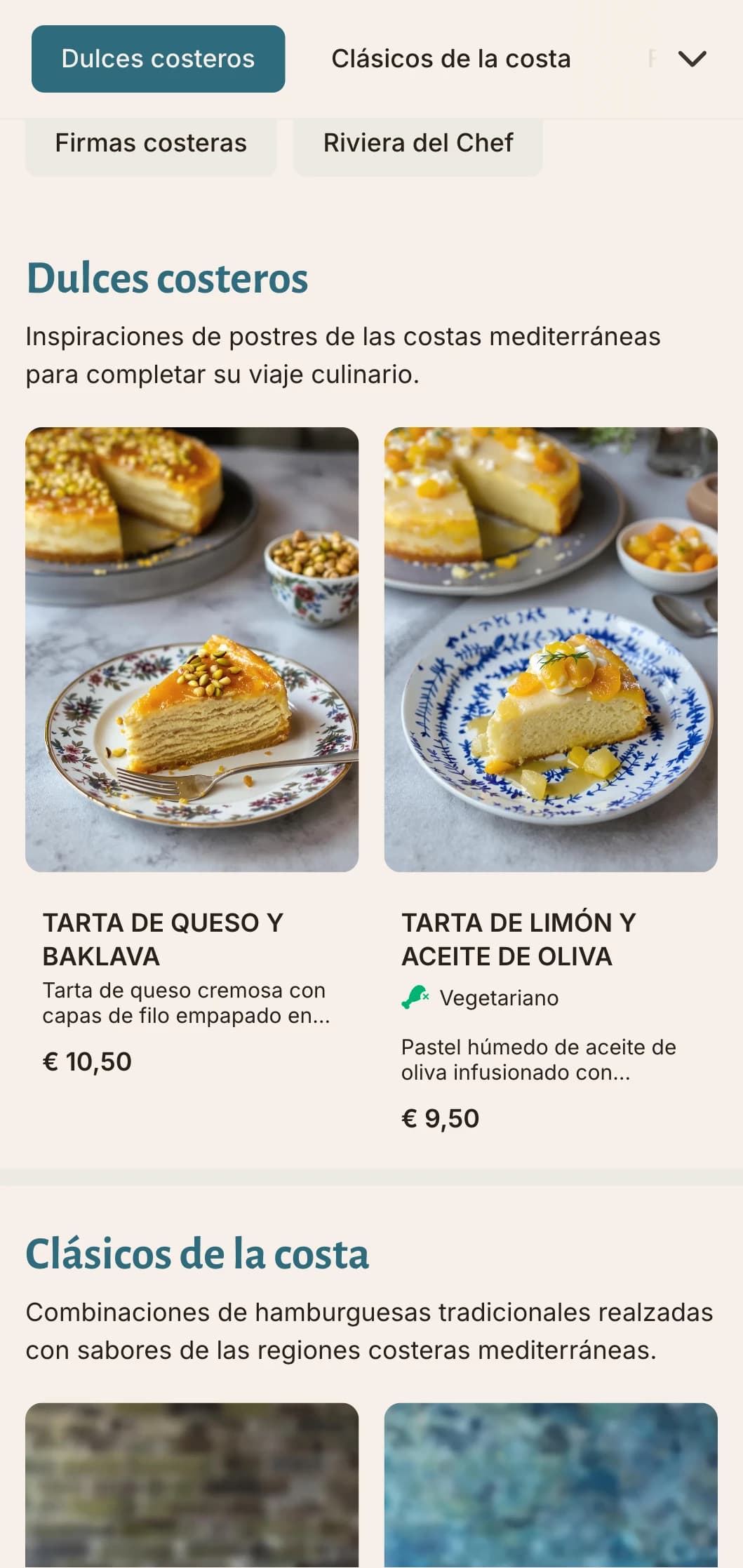 Carta de hamburguesas de inspiración costera con toques azules mediterráneos e ingredientes frescos.