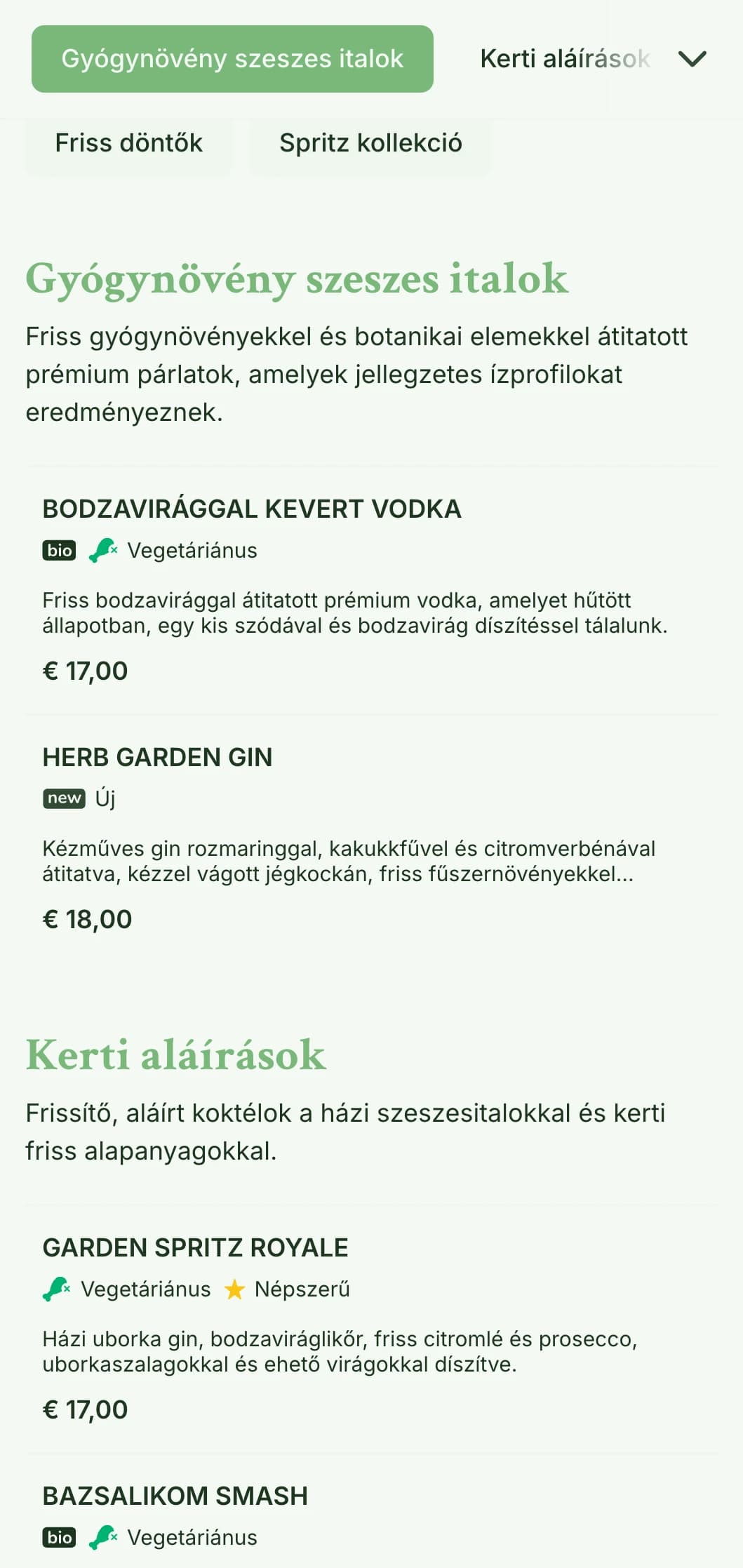 Friss, kert ihlette design fröccsökre és friss növényi koktélokra specializálódott bárok számára, könnyű, légies tipográfiával.