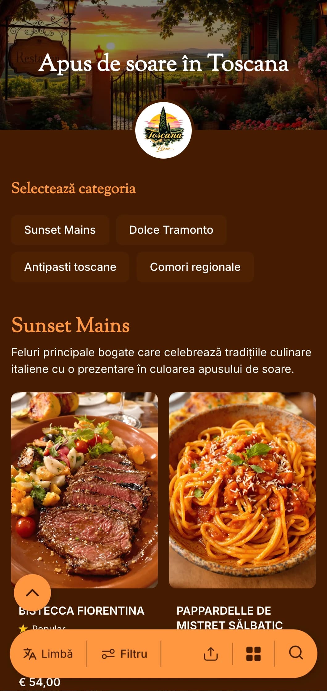 Un meniu de cină cald, de inspirație toscană, cu tonuri de teracotă și elemente de design italian, perfect pentru restaurantele italiene autentice.