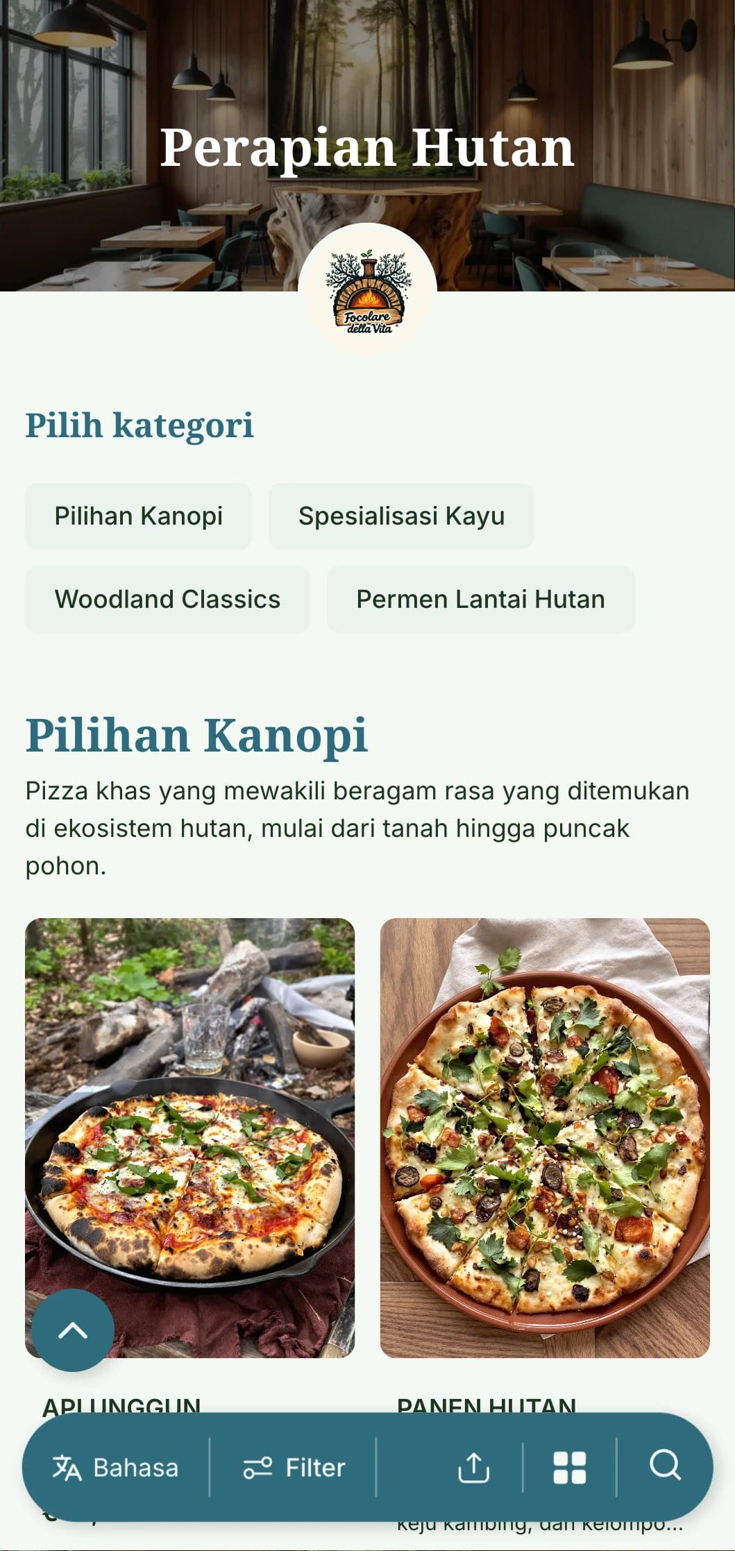 Menu pizza yang terinspirasi dari hutan dengan elemen hutan dan palet warna yang bersahaja.