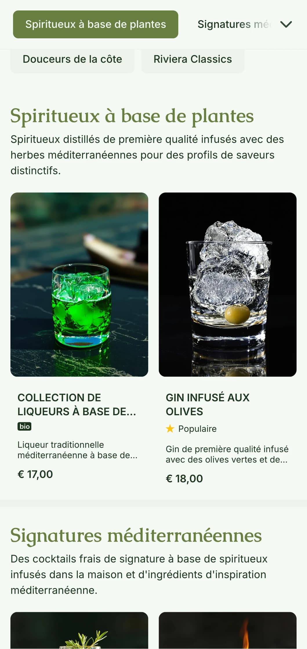 Un design d'inspiration méditerranéenne pour les bars spécialisés dans les liqueurs à base d'herbes et les cocktails botaniques, avec des tons vert olive.