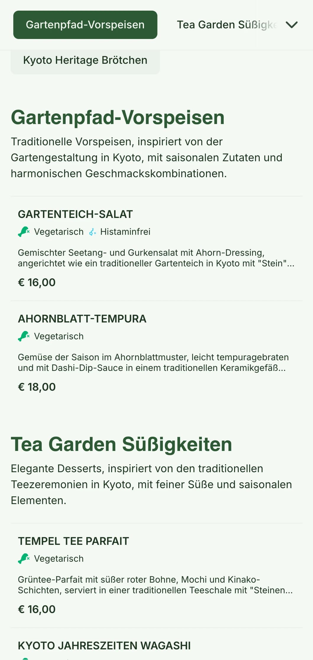Traditionelles japanisches, vom Garten inspiriertes Sushi-Menü mit ruhigen Grüntönen und klassischen Elementen.