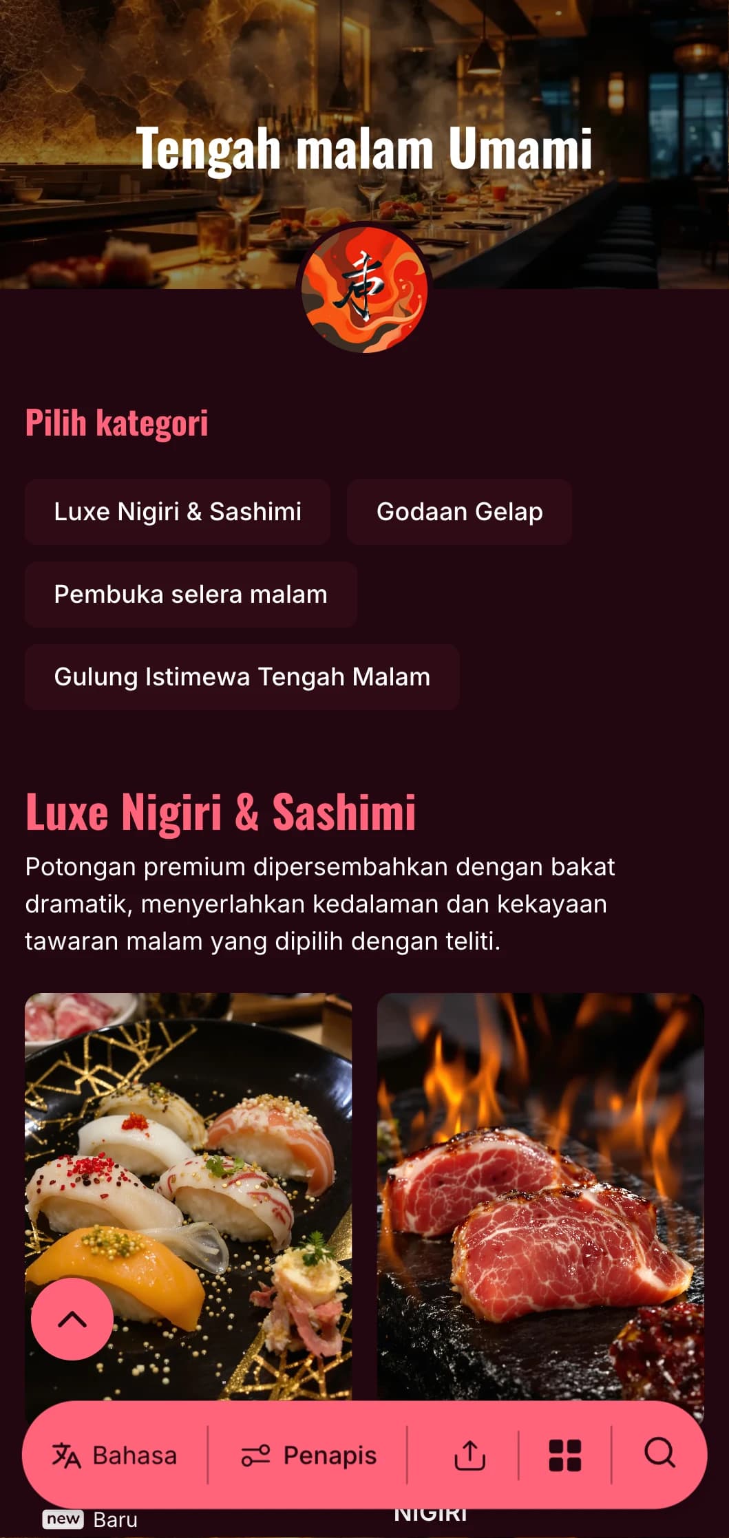 Pengalaman sushi larut malam yang mewah dengan kontras yang berani, menampilkan burgundy yang kaya dan aksen terang dengan latar belakang yang mendalam.