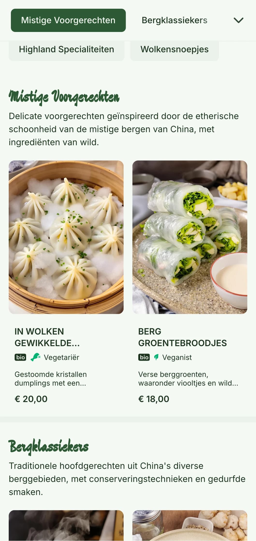 Sereen Chinees menuontwerp geïnspireerd door berglandschappen en mistige esthetiek voor restaurants die zich richten op regionale gerechten.