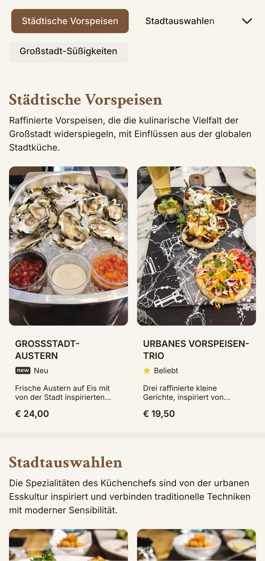 Kosmopolitisches, von der Stadt inspiriertes Design für Mittagsmenüs mit urbaner Eleganz und raffinierten Details, geeignet für Restaurants in der Innenstadt und anspruchsvolle städtische Einrichtungen.
