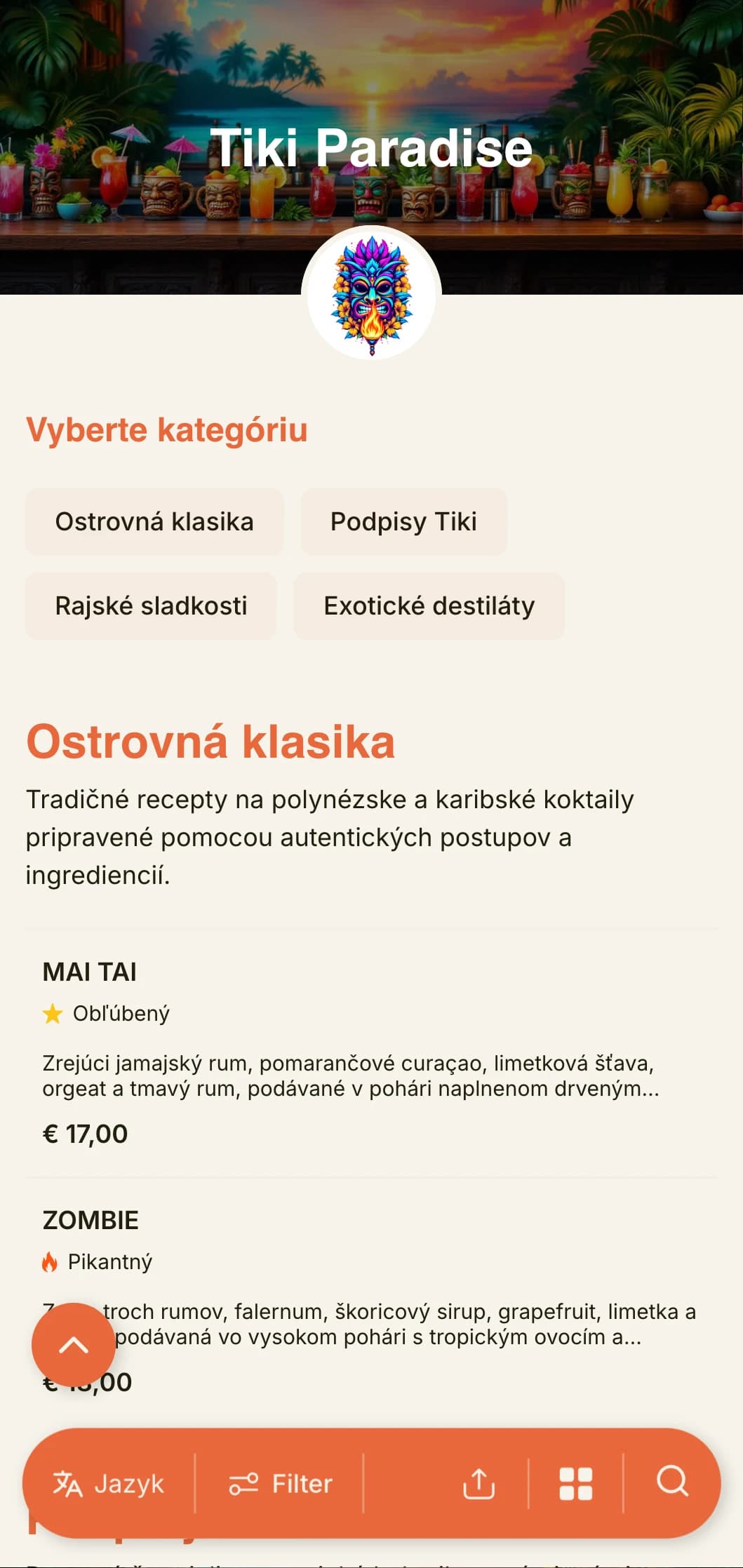 Exotický, žiarivý dizajn pre tiki bary a tropické koktailové salóny s hravou typografiou a teplými farbami.
