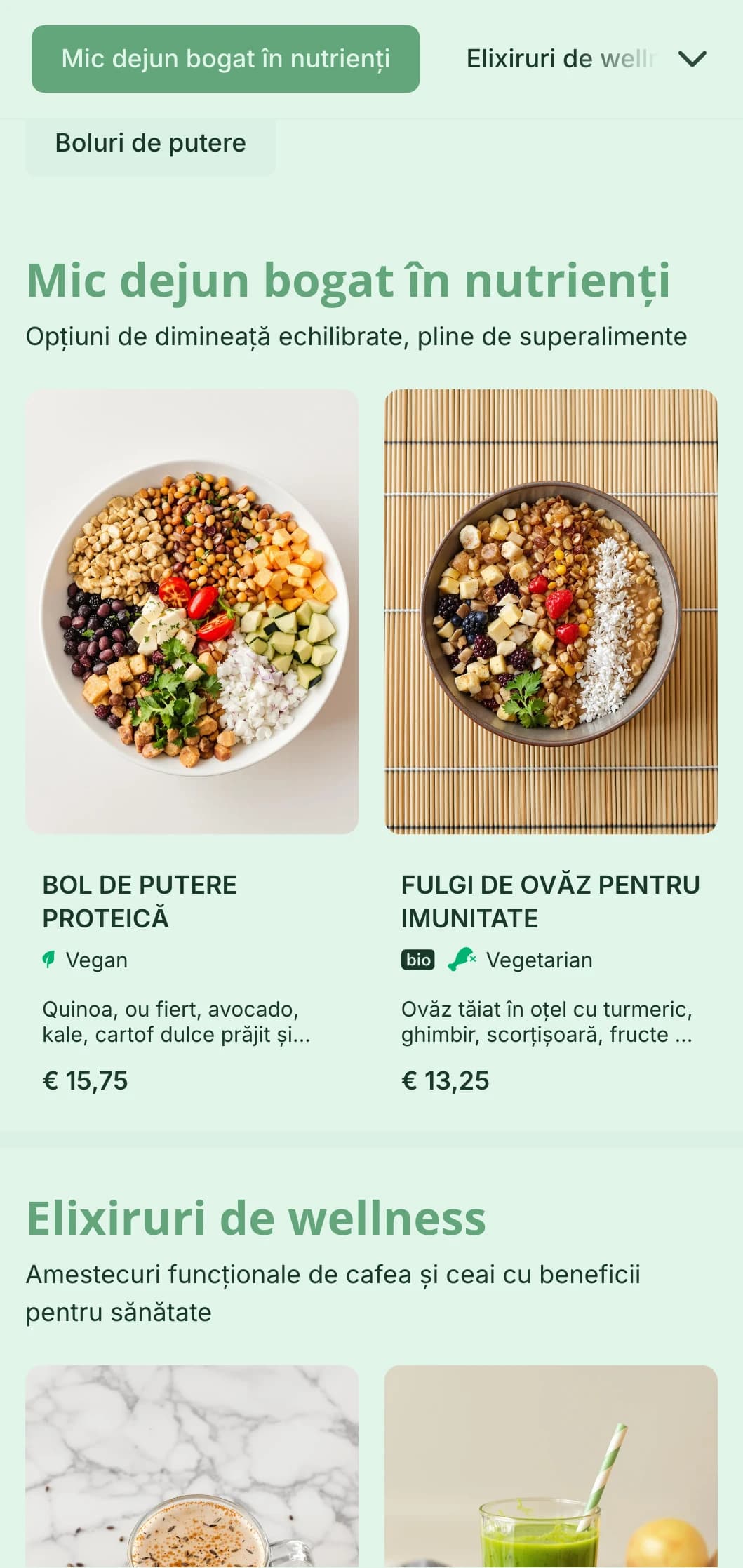 Un design proaspăt și verde care pune accentul pe opțiunile sănătoase pentru cafenele și baruri de sucuri axate pe wellness.
