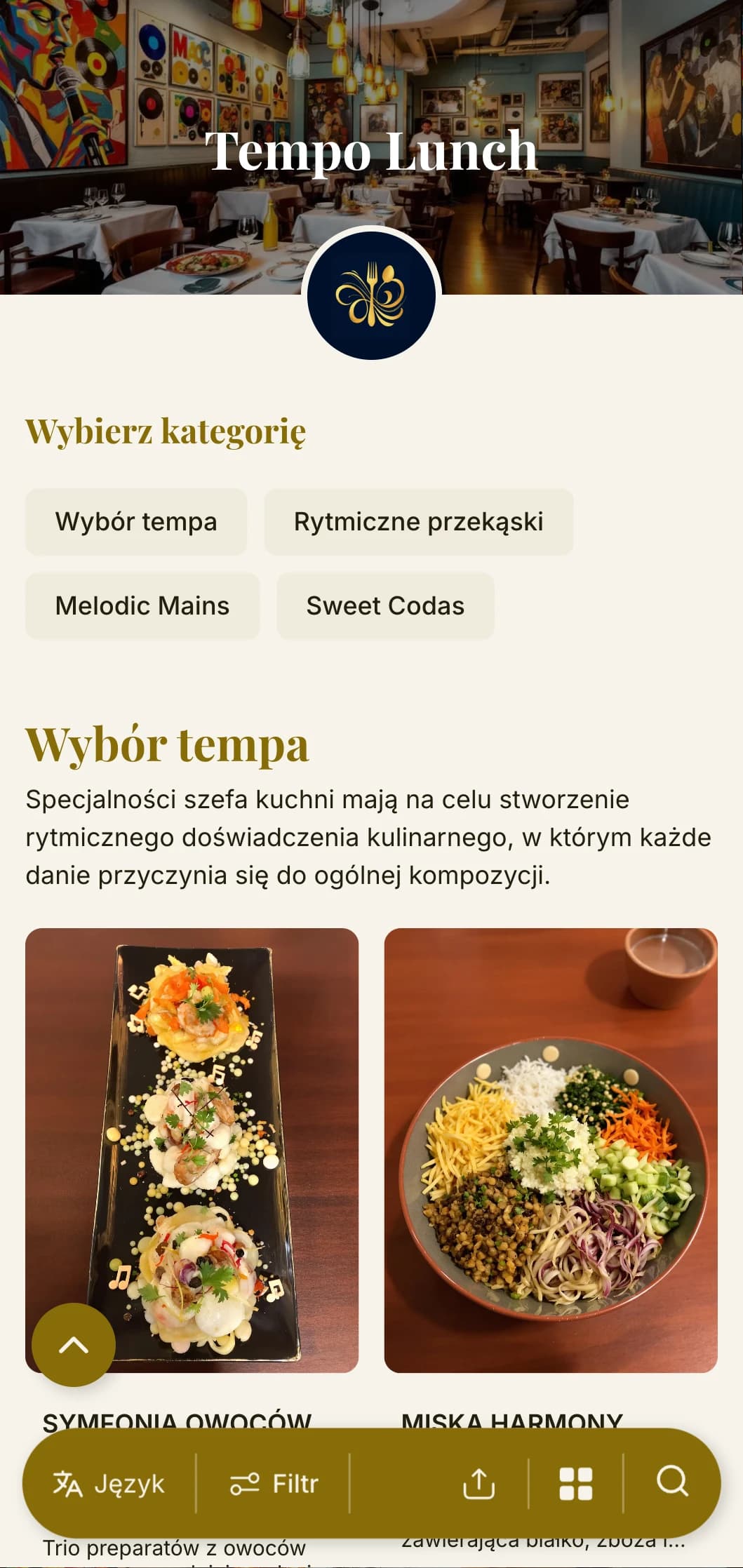 Dynamiczny, inspirowany rytmem projekt menu lunchowego z elementami muzycznymi i płynnym układem, idealny dla restauracji w pobliżu teatrów i miejsc kultury.