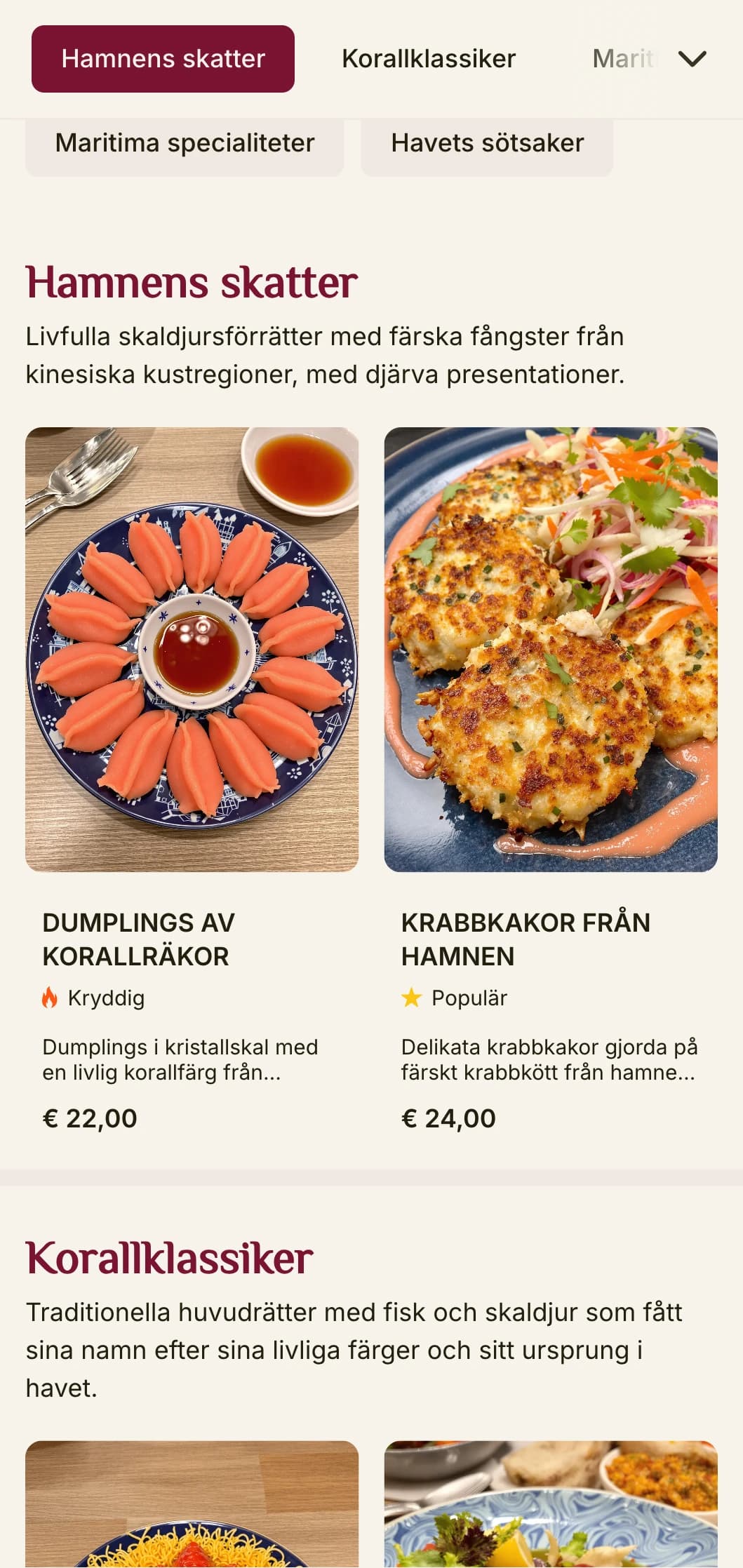 Levande kinesisk menydesign inspirerad av korall- och hamnestetik, med djärva färger för fisk- och skaldjursrestauranger.