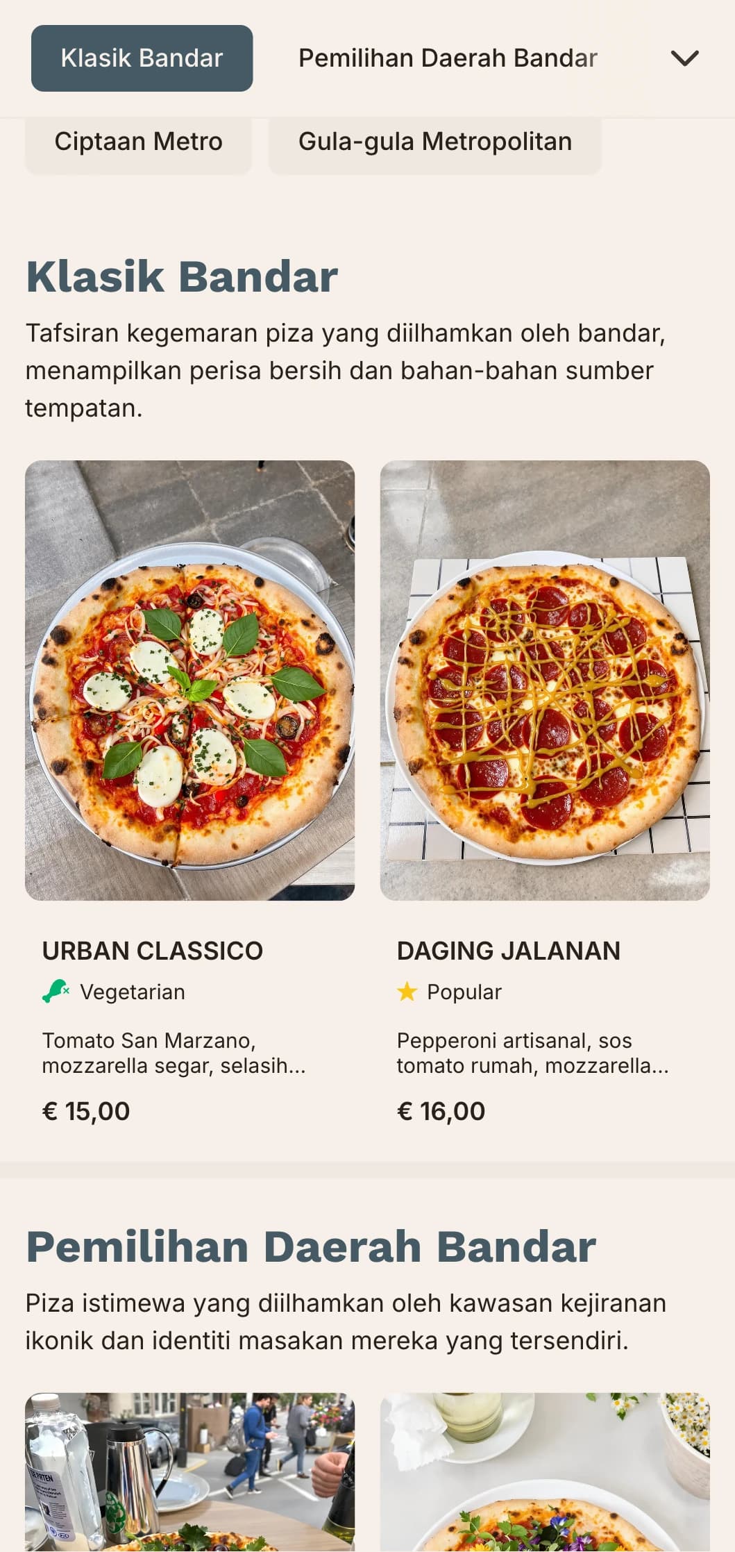 Menu piza metropolitan bandar dengan garisan bersih dan reka bentuk kontemporari untuk tempat bandar.