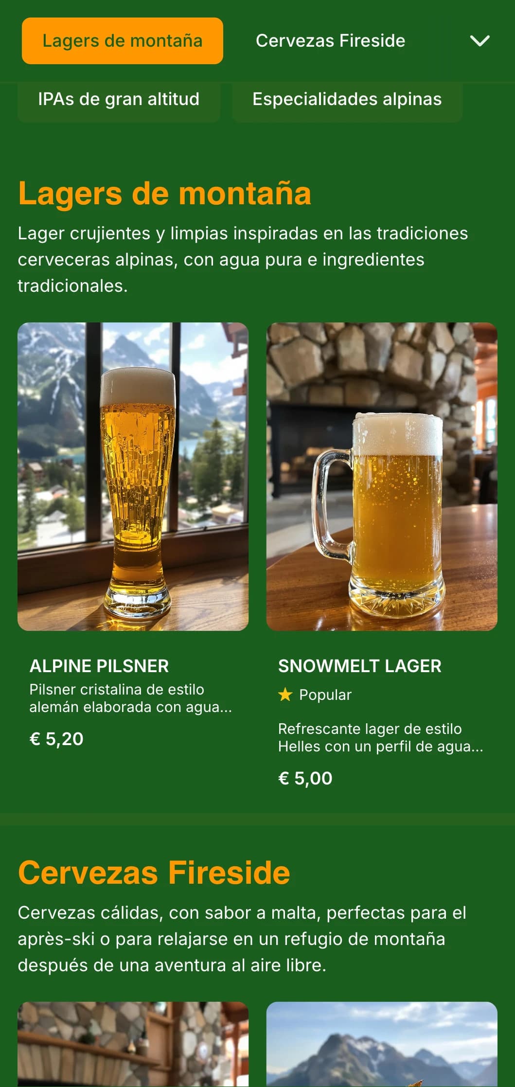 Acogedora estética de albergue de montaña con tonos verde bosque y elementos rústicos, ideal para cervecerías de montaña y estaciones de esquí.
