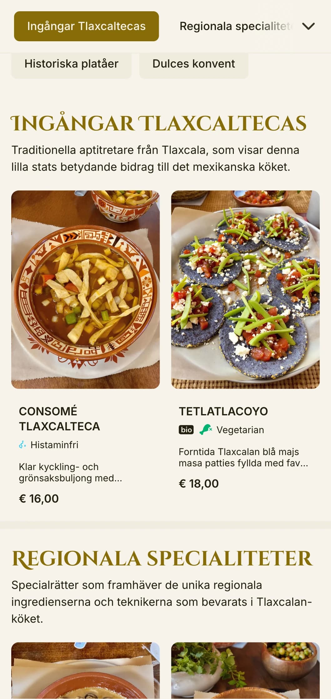 Elegant och historisk meny som hyllar Tlaxcalas kulinariska traditioner med guldaccenter, förspanska influenser och regionala specialiteter.