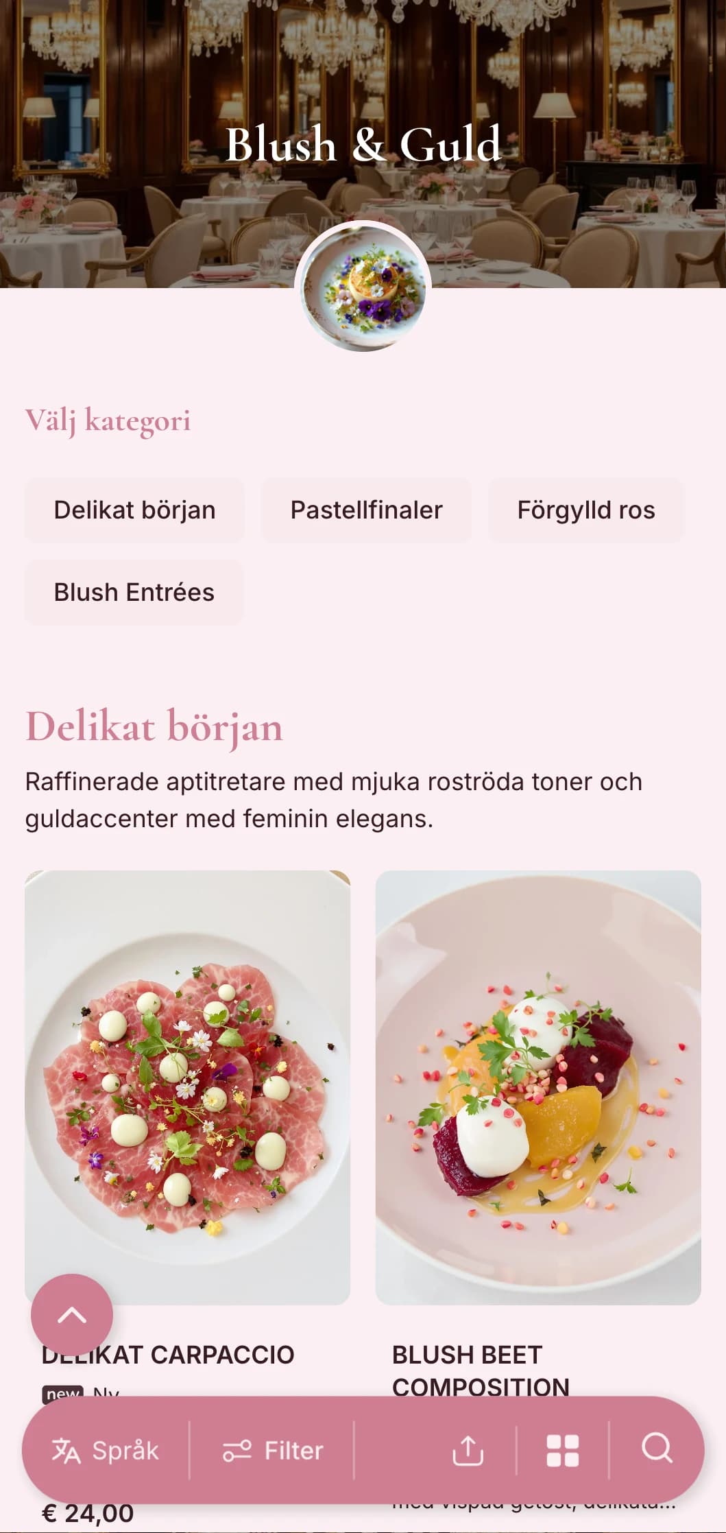 Raffinerat feminint koncept med mjuka rodnadstoner och eleganta guldaccenter för en delikat lyxupplevelse.