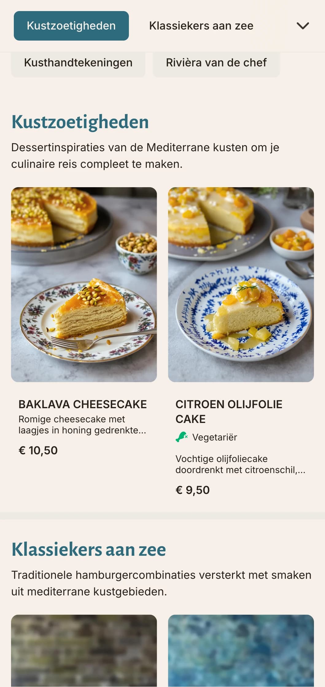 Kustgeïnspireerd burgermenu met mediterrane blauwe accenten en focus op verse ingrediënten.