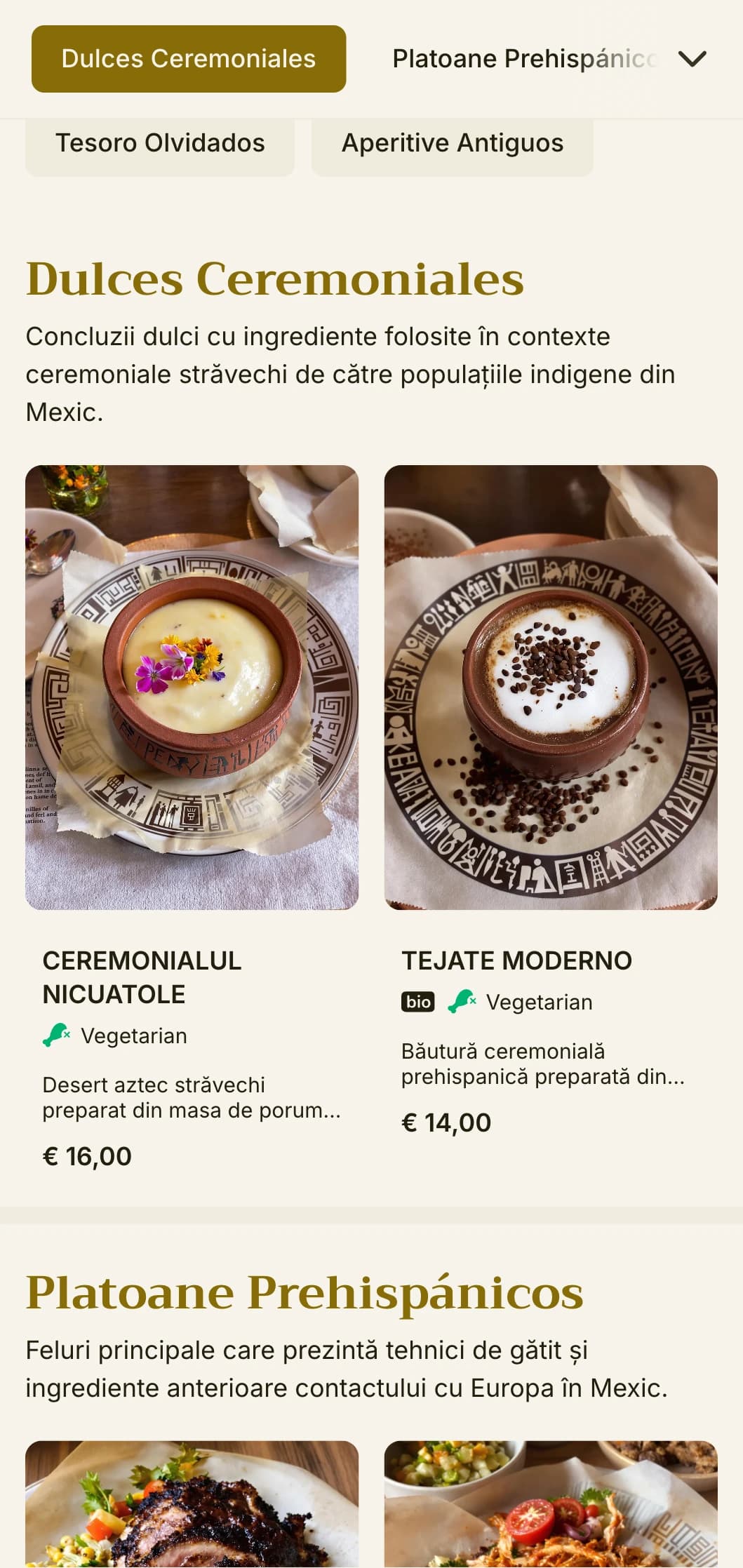 Meniu sofisticat și educativ cu ingrediente mexicane vechi, accente aurii și tehnici de gătit prehispanice.