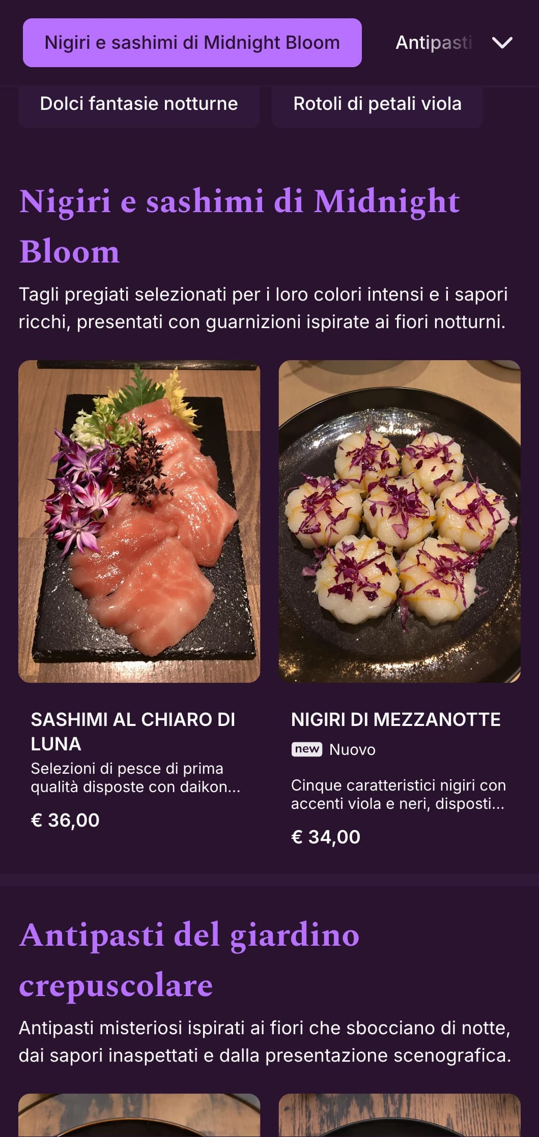 Lussuosa esperienza di sushi serale con accenti viola intenso ed elementi floreali scenografici.