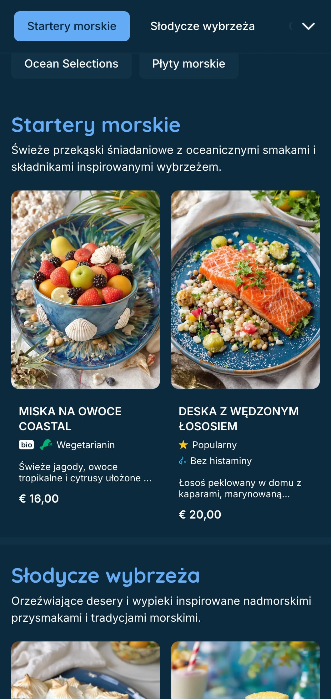 Świeży, morski szablon brunchowy z głębokimi odcieniami niebieskiego, idealny na brunche z owocami morza i lokale przy plaży.